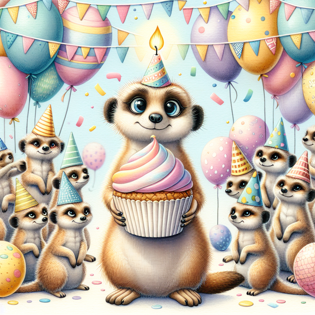 Craft a delightful birthday illustration imbued with whimsy. Set the scene with an animated assemblage of meerkats, each wearing a vibrant party hat. They are amidst a background festooned with pastel-coloured balloons and streams of paper garlands. Among the meerkat crowd, one individual captures attention, joyfully bearing a cupcake in its paws. The cupcake features a solitary candle atop, its flame flickering merrily, subtly indicating the jubilance of a birthday celebration.
Generated with these themes: Meerkats.
Made with ❤️ by AI.