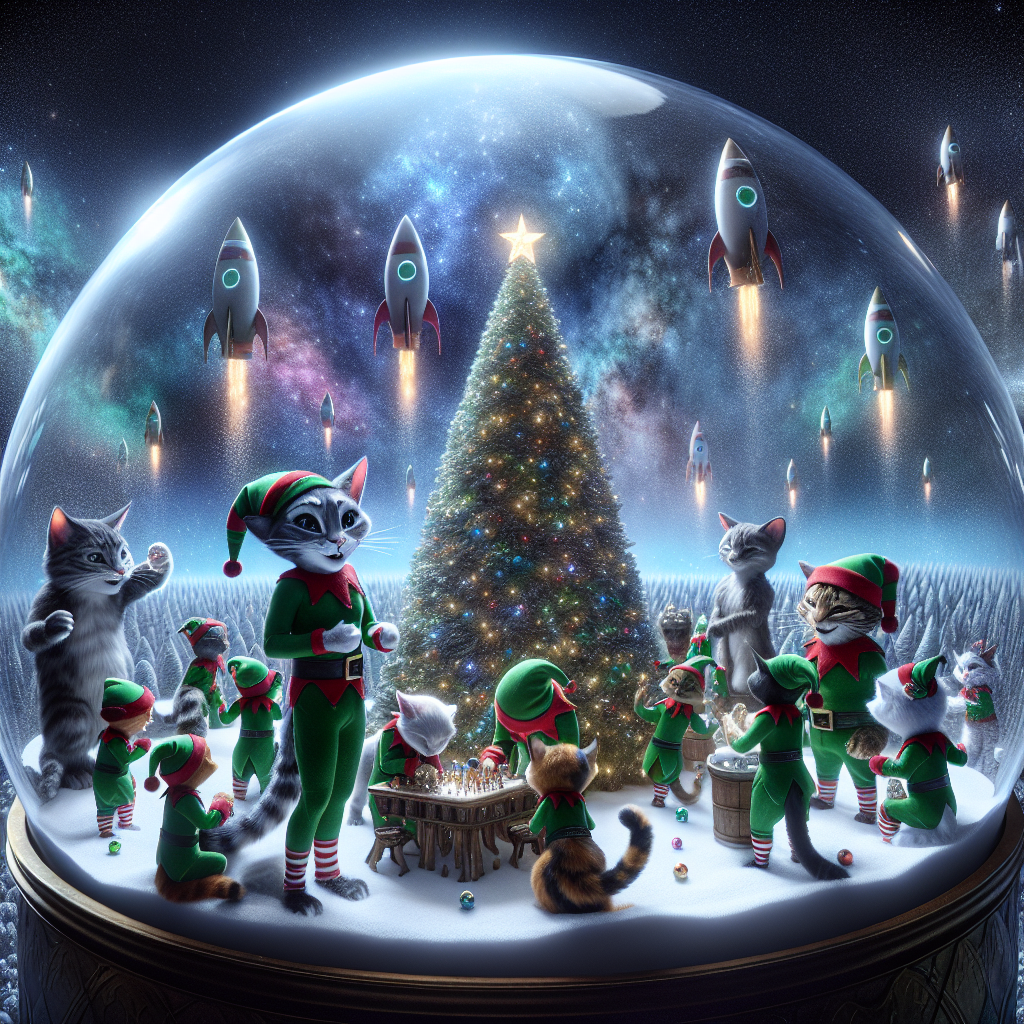 An otherworldly Christmas display features an enormous snow globe center stage. Inside, anthropomorphic cats wearing elf costumes busily prepare toys. Around them, the snow globe's surface mirrors a starry night sky, with Christmas trees ascending like rockets into the ether.
Generated with these themes: cats.
Made with ❤️ by AI.