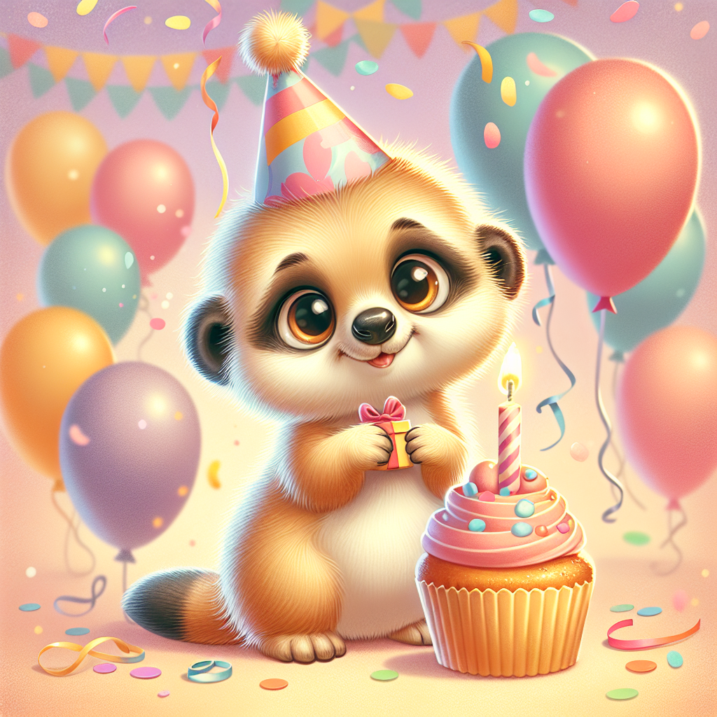 Create a heartwarming birthday illustration. The main character should be a cheerful meerkat. The meerkat is wearing a colorful party hat and is surrounded by balloons and confetti. It holds a delightful cupcake with a single lit candle, as if it's ready to make a birthday wish. The backdrop of this scene is warm and soft pastel colored, with fluttering streamers adorning the atmosphere.
Generated with these themes: Meerkat.
Made with ❤️ by AI.