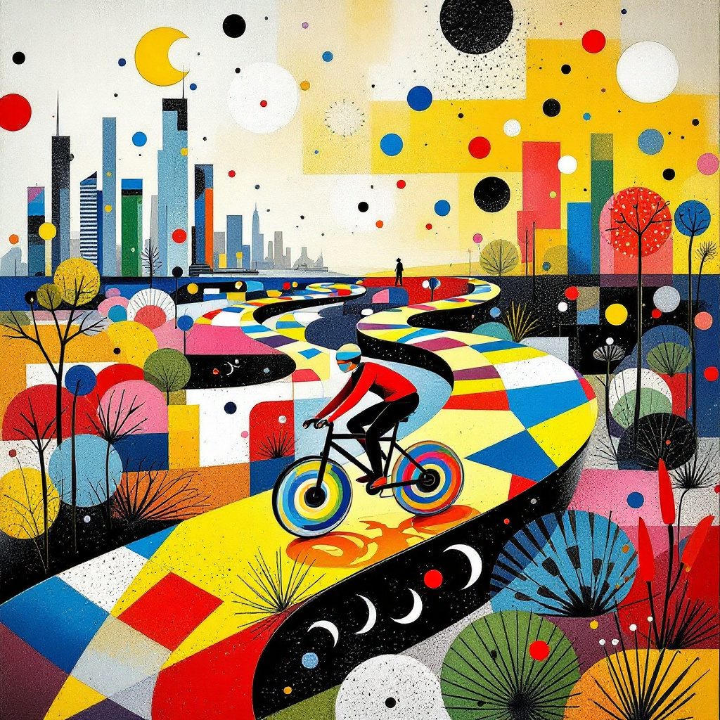 In this surreal abstract birthday scene for "Jordan," the canvas is a harmonious blend of vivid colors and geometric forms, drawing inspiration from the creative prowess of Kandinsky, Mondrian, and Miró. At the forefront, a cyclist on an abstracted bicycle zooms across a winding, zigzagging path made of bold, primary-colored squares and rectangles reminiscent of Mondrian's style. The cyclist's wheels are whimsical swirls of vibrant hues, echoing Twombly's energetic scribbles, while ethereal strokes of Pollock-style splatters in blues and whites evoke motion and speed.

In the background, the iconic skyline of Abu Dhabi rises, its skyscrapers transformed into minimalist, cubist shapes, their surfaces adorned with patterns of de Kooning-esque gestural lines and patches of rich Rothko-like colors. The cityscape is interwoven with a series of whimsical, floating orbs and crescent moons, inspired by the dreamlike elements of Miró.

Running along the left side of the card, a behavioral insights graph takes form as an ascending rainbow-colored staircase, each step marked by abstracted figures of runners, arms outstretched, seemingly in pursuit of personal growth. The runners' forms dissolve into dynamic spirals, symbolizing the flow of ideas and insights.

Dominating the sky, "Jordan" appears as a magnificent, swirling cloud formation, each letter crafted from intertwined threads of pastel hues, capturing the essence of Agnes Martin’s subtle grid patterns. As the centerpiece, a three-tiered birthday cake, an abstract amalgamation of Rothko's color fields, floats atop a triangular base, its candles radiating shimmering lines that crisscross the canvas like a Kandinsky symphony.
Generated with these themes: Abu Dhabi , Running cycling , and Behavioural insights.
Made with ❤️ by AI.