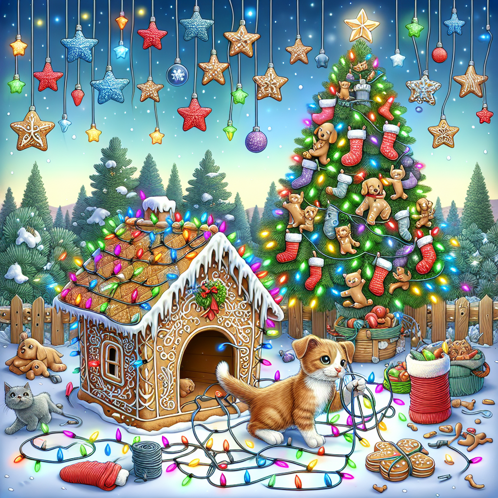 A playful vector landscape where animated pets partake in Christmas merriment, with a gingerbread doghouse in the foreground and a mischievous kitten entangled in a string of vibrant Christmas lights, the backdrop featuring a whimsical pine tree with pet stockings hanging from its boughs.
Generated with these themes: Pets.
Made with ❤️ by AI.