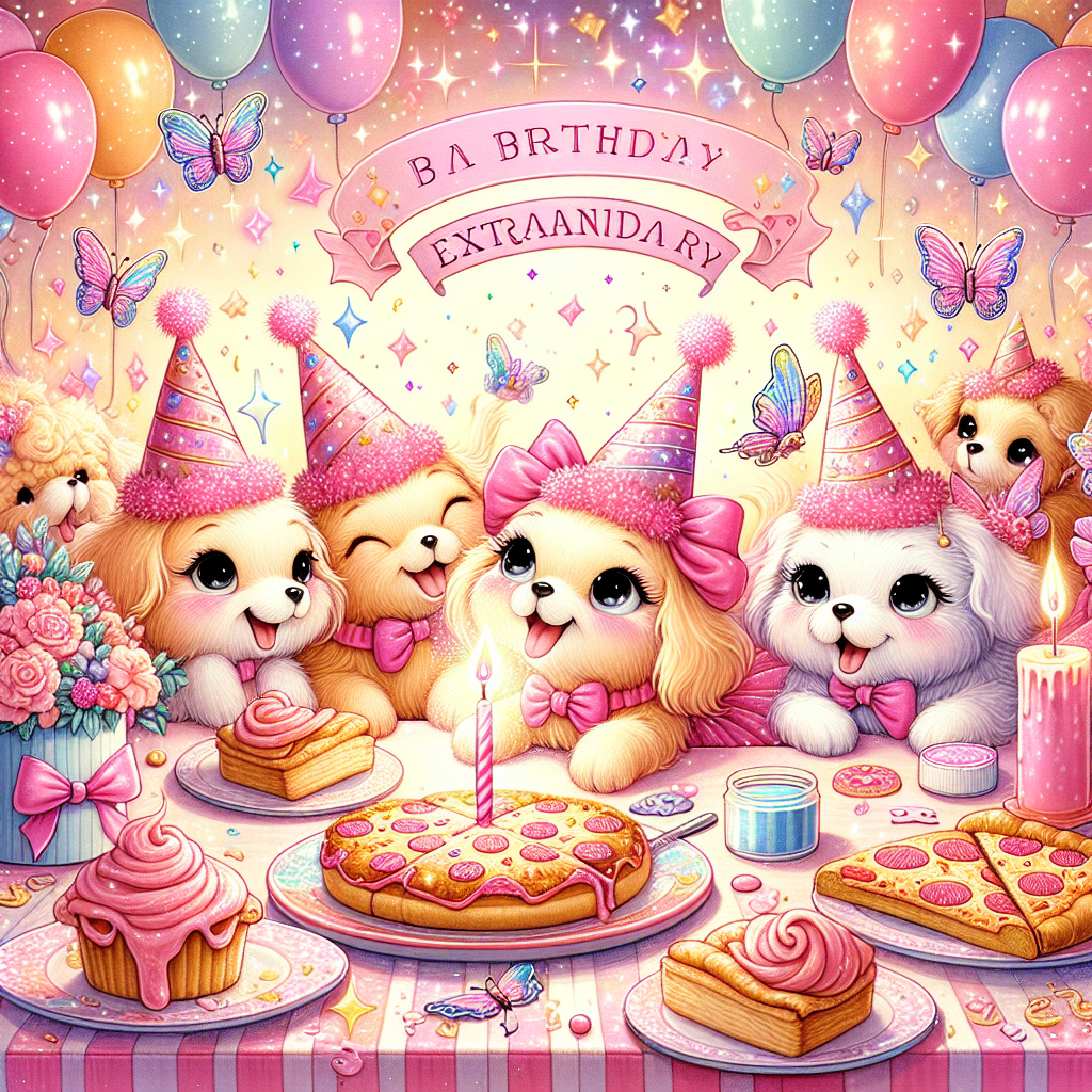A charming and delightful illustration capturing the essence of a cute and extraordinary birthday celebration. The scene showcases a pack of jubilant dogs donned in fancy pink birthday hats, all engrossed in playfulness. An aura of enchantment is brought about by a gentle sprinkle of shimmering glitters around them, radiating magic and joy. These dogs seem to be relishing their time spent in the heart of this birthday party, surrounded by a spread of mouth-watering pizza slices and deliciously warm cinnamon rolls laid out on a joyous, colorful table, inviting anyone viewing the illustration to be a part of this fantastic and joyful celebration.
Generated with these themes: Dogs, Pink, Glitter, Pizza, and Cinamon rolls.
Made with ❤️ by AI.