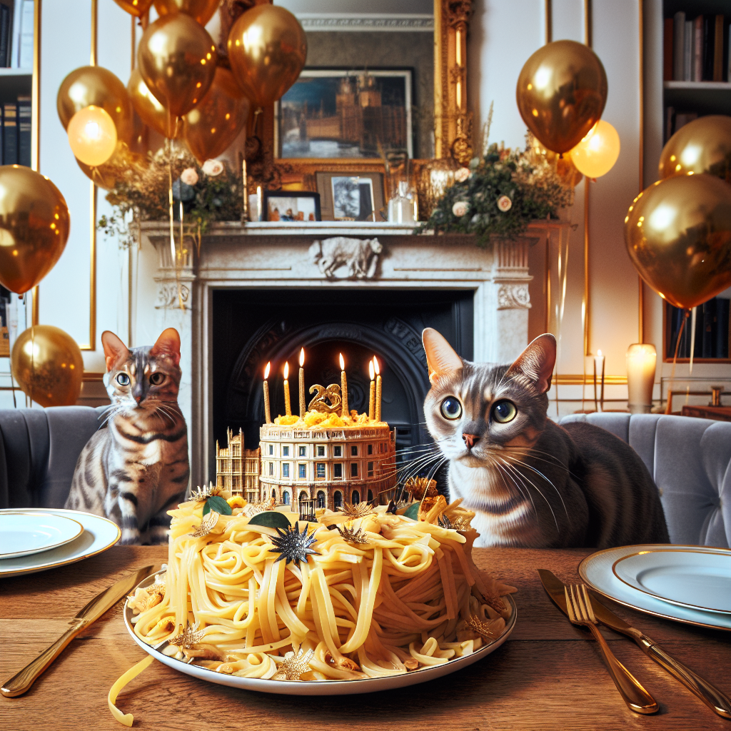 A charming birthday scene unfolds in the intimate setting of a London residence. At the epicenter, a grey Bengal cat, its eyes large and enthusiastic, is looking at an impressive pasta dish. The dish is shaped like a birthday cake and decorated with gold leaf elements that allude to a sense of luxury. Amidst inconspicuous decorations that subtly reflect the London theme, golden balloons augment the luxurious yet homely atmosphere of the festivities.
Generated with these themes: Grey bengal, London, Goldman Sachs , and Pasta.
Made with ❤️ by AI.