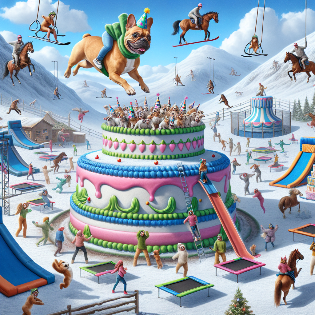 Picture a lighthearted, animated scene of a birthday extravaganza engulfed in a lively and dreamlike environment that merges aspects of a horse riding trail, a snow-covered highland, and a park filled with trampolines. French bulldogs, adorned in merry attire, perform amusing stunts on the trampolines, initiating hilarious ski jumps off the mountain's facade. Attendees astride horses bounce from one trampoline to another, immortalizing their defy-gravity antics and joyous instances on a colossal, birthday cake-shaped recording booth, emblematic of a popular short-form video platform stationed at the base of the hilly inclines.
Generated with these themes: Horse riding, Skiing, French Bulldogs, TikTok, and Trampolining.
Made with ❤️ by AI.