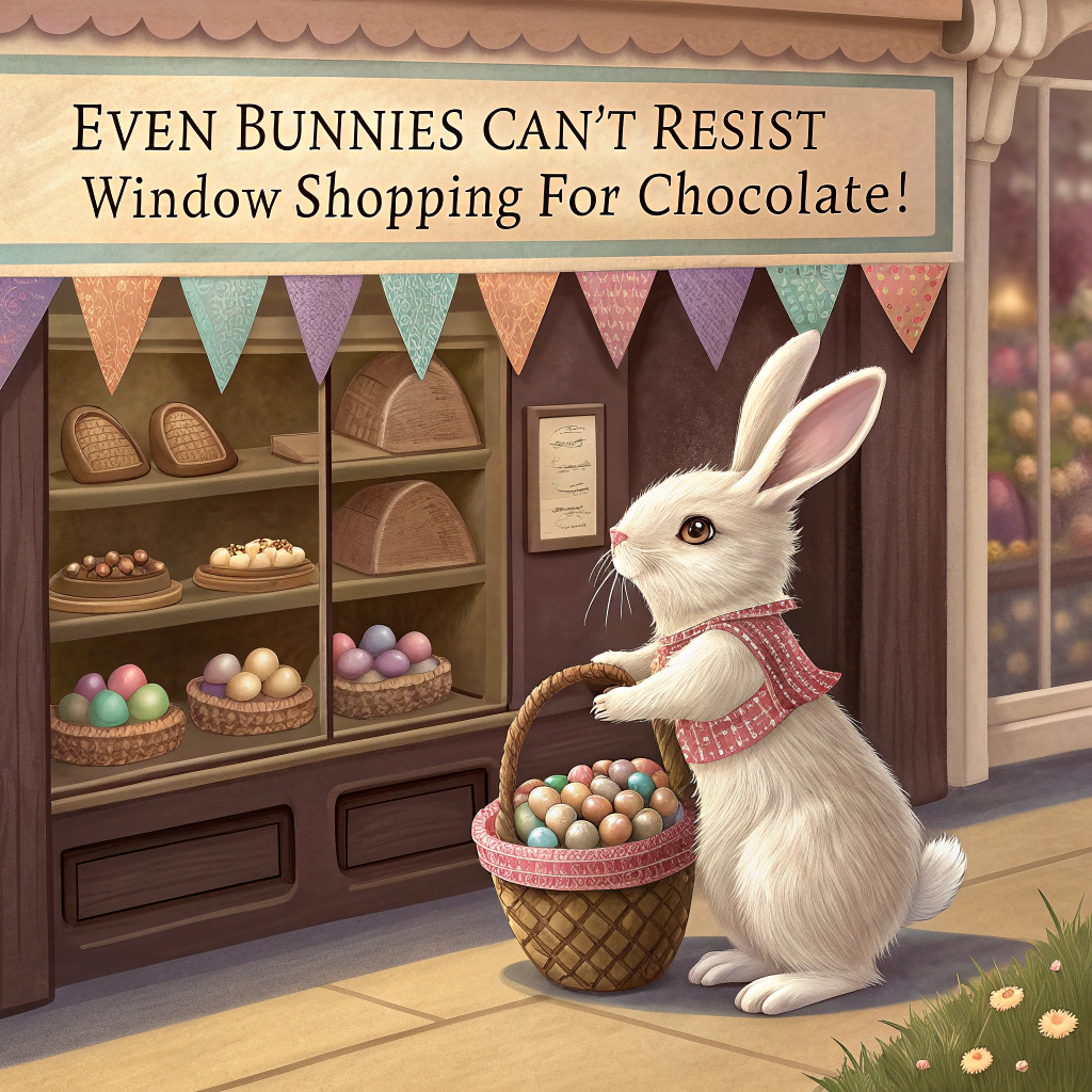 At the top of the image, "Even bunnies can't resist window shopping for chocolate!"

- The scene shows a charming, realistic photograph of an old-fashioned chocolate shop with vintage signage and pastel bunting.
- In front of the shop window, a fluffy, wide-eyed Easter bunny stands on its hind legs, peering eagerly through the glass. 
- The bunny holds a woven basket lined with a gingham cloth, already filled with a few brightly wrapped eggs.
- Behind the glass, shelves are brimming with ornate Easter eggs, chocolate bunnies, truffles, and springtime sweets displayed with ribbons and golden foil.
- Hand-painted in curved vintage lettering above the shop window is "Happy Easter" in cheerful pastel hues.  
- Sunlight bathes the cobbled street in a warm, golden glow, with daffodils and crocuses blooming along the base of the window for an extra springtime touch.
Generated with these themes: Cute Easter bunny, Old fashioned Chocolate shop, Easter bunny holding a basket browsing through the window of a chocolate shop full of Easter eggs., and Happy Easter written above the shop.
Made with ❤️ by AI.