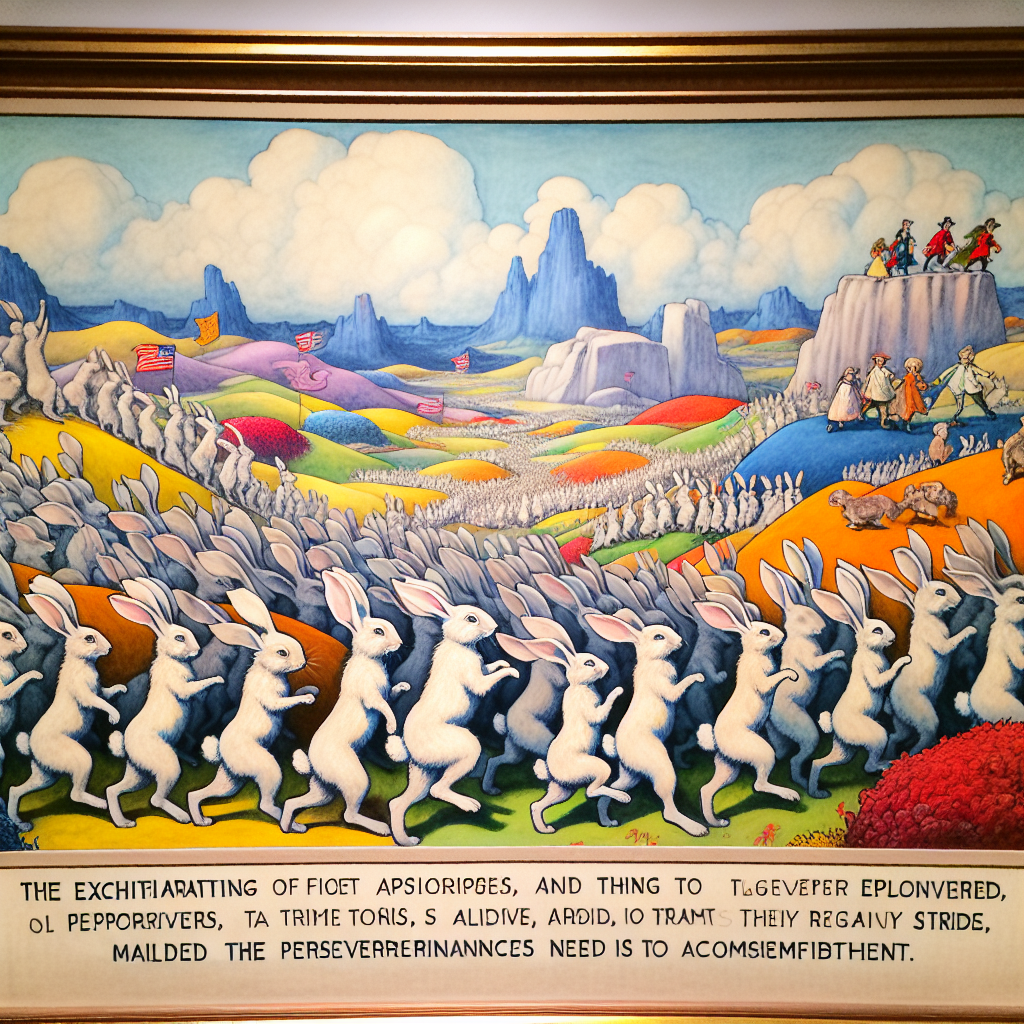 Drawing of a tableau scene consisting of whimsical, yet realistically depicted rabbits venturing across lively and colorful terrains. These merry creatures are painted as though they're on an exhilarating exploration journey, symbolic of travel and discovery. Their every stride mimics a celebratory salute to the perserverance and strides needed to accomplish significant feats. The tableau is imbued with the sensibility of triumph and success, reflecting your journey to achievement.
Generated with these themes: Rabbits, Walking, and Travel.
Made with ❤️ by AI.