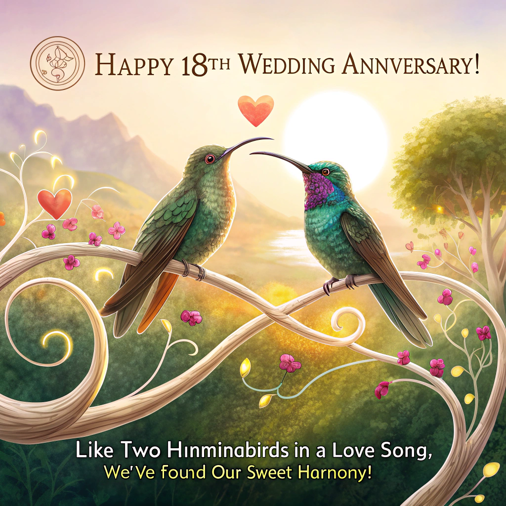 18th year anniversary , Hearts , Two humming birds, and Anniversary Card