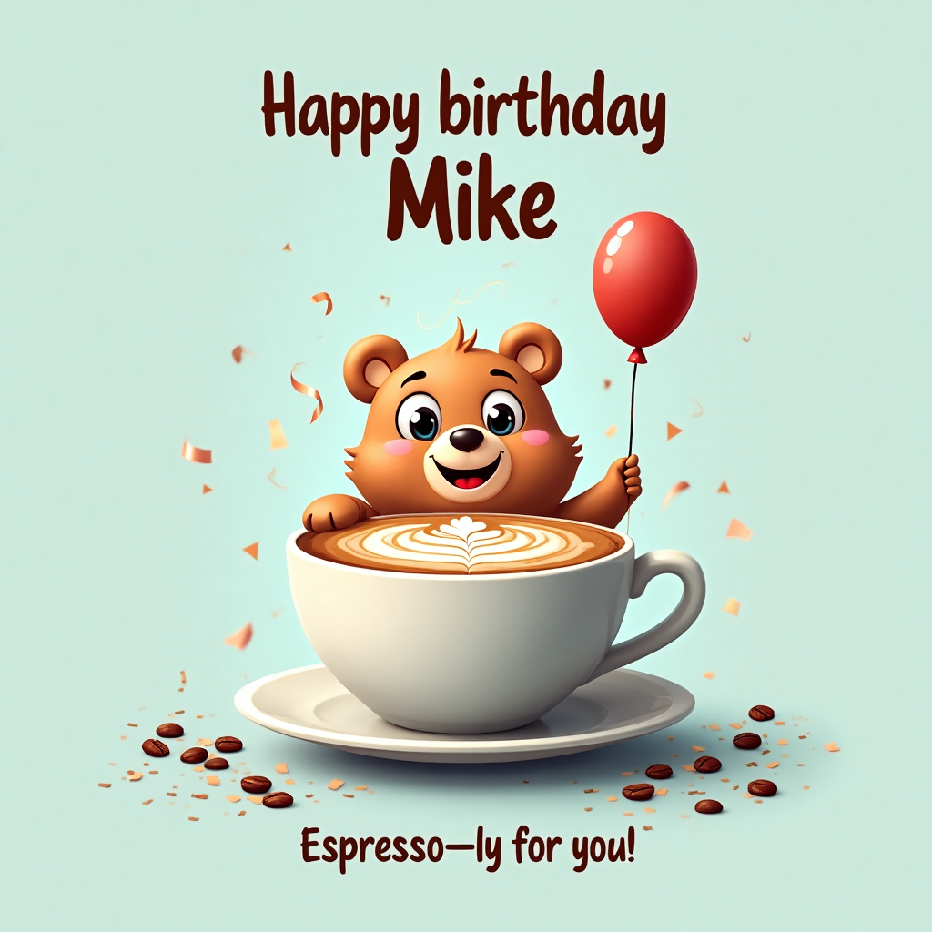 At the top of the Vector Style image, the text "Happy birthday Mike" is displayed in a playful, latte art-inspired font, resembling foam swirls in a cappuccino. 

**Scene Description:**
Imagine a delightful, steaming cup of coffee, the surface adorned with intricate latte art in the shape of a smiling cartoon bear holding a birthday balloon. The bear's expression is joyful, its eyes wide and animated. Below, a simple saucer holds the cup, surrounded by scattered coffee beans and confetti, enhancing the celebratory feel. 

The background is a soft pastel blue, creating a warm and inviting atmosphere. A small caption below the image reads, "Espresso-ly for you!" in a cheeky, coffee-related pun, tying the whole design together with a touch of humor.
Generated with these themes: Latte art, and .
Made with ❤️ by AI.