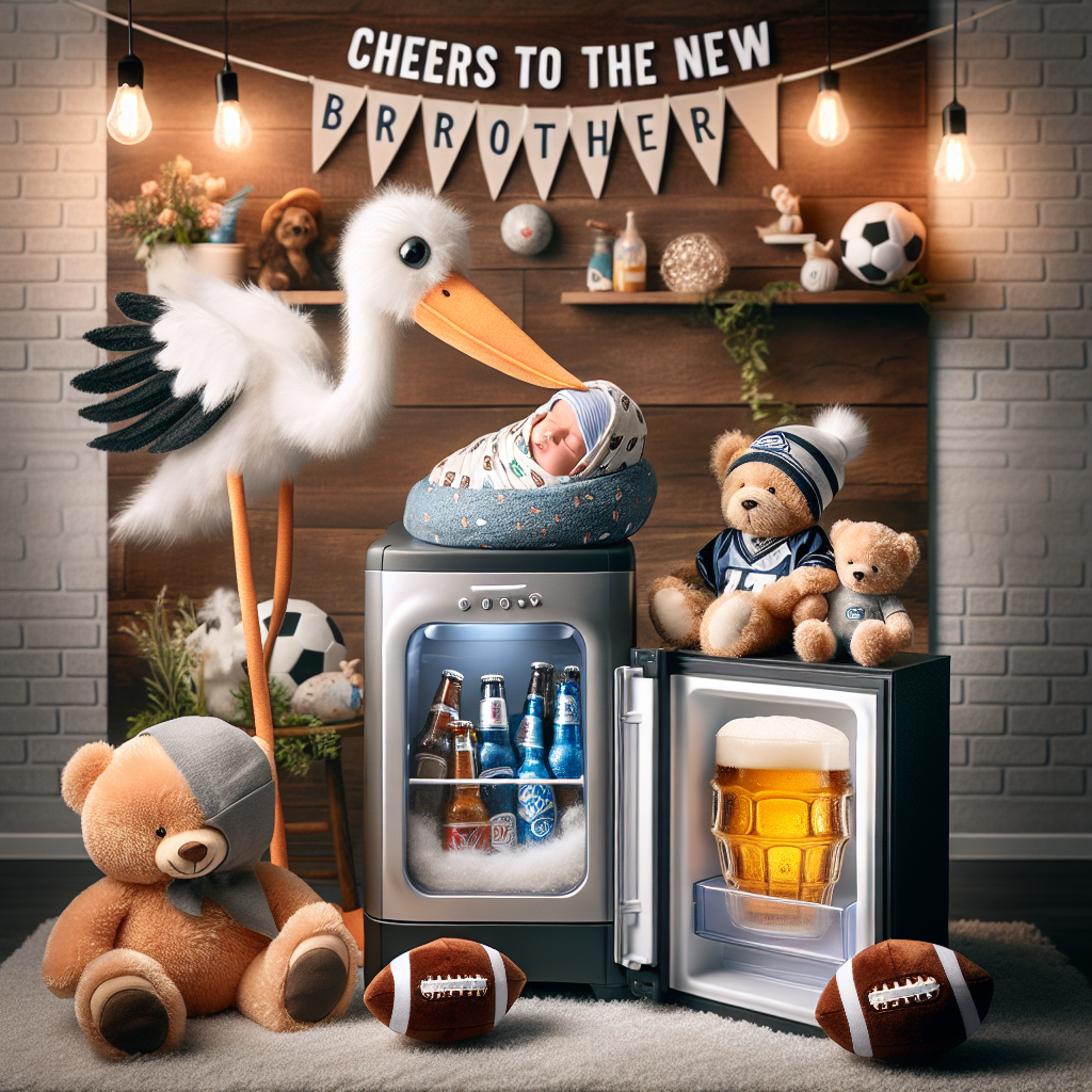Create a sentimental image of a stork carefully holding a package with a contented newborn baby, swaddled in a blanket adorned with football patterns. Situate them against the backdrop of a magical nursery containing a compact refrigerator filled with beer. Above the fridge, a banner proclaims 'Cheers to the New Brother'. Soft plushies shaped like footballs and teddy bears dressed in football jerseys add charm to the scene, as they are casually scattered around the room.
Generated with these themes: Football beer brother.
Made with ❤️ by AI.