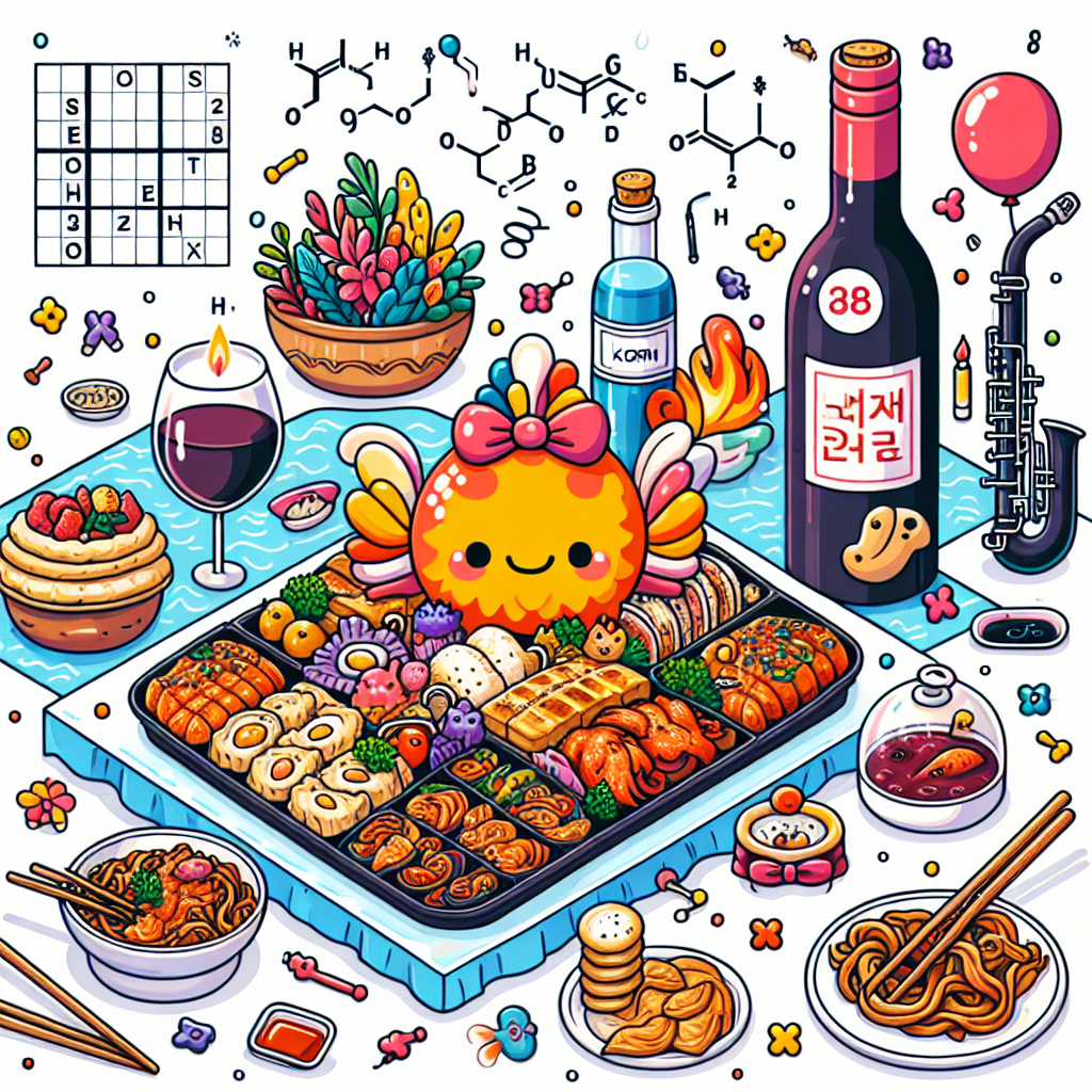 Create an image of a lively and whimsical birthday scene drawn in a cute vector style. The centerpiece is an abundantly-filled banquet table decorated with mouth-watering Korean cuisine, including sizzling bulgogi and savory kimchi pancakes. Next to the food, a bottle of deep red wine stands majestically, a symbol of the cheerful celebration. Interesting Sudoku puzzles are scattered around the scene, adding an active element of fun. The guests include a playful, illustrated version of a vibrant orange fish splashing amidst aquatic decorations. A clarinet can be spotted nearby, suggesting entertaining music. Chemistry symbols and formulas are creatively included in the birthday decor, introducing an enlightening and unique twist.
Generated with these themes: Korean food, Red wine, Sudoku, Magikarp, Clarinet, and Chemistry.
Made with ❤️ by AI.