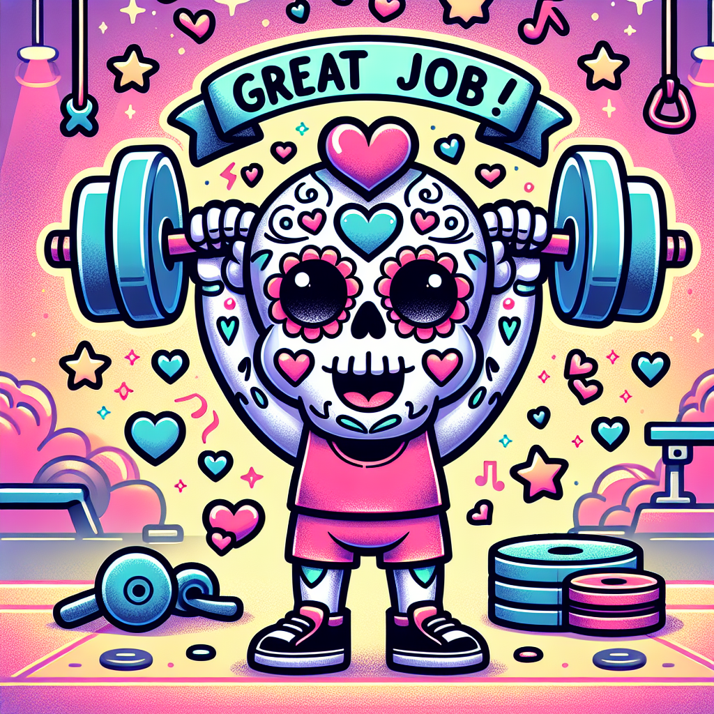 Create a joyful cartoon illustration that features a cute sugar skull in athletic wear, lifting weights with vigor. Small hearts and stars encircle the skull, creating an atmosphere of positivity. The Skull holds a banner conveying the message 'Great Job!'. In the background, visualize a vibrant gym setting garnished with fitness equipment, serving as a testament to health and workout triumph.
Generated with these themes: Skull, Sugar skull , Calavera, Gym, Workout , Health , Fitness , and Weights .
Made with ❤️ by AI.