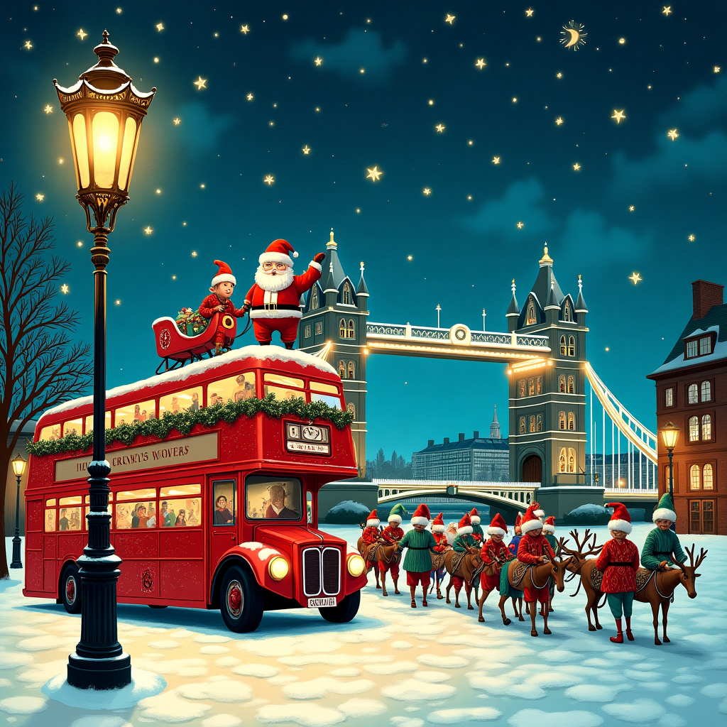 In this captivating Christmas card scene, imagine a bustling, enchanted winter night in London, where the cobblestone streets glisten with the soft glow of freshly fallen snow. The foreground features an ornate Victorian streetlamp casting a warm, amber glow over a jolly group of Santa's elves, each dressed in vibrant, patchwork clothing inspired by Aubrey Beardsley’s intricate patterns. The elves are gathered around a grand snow-sculpted replica of Big Ben, its clock face whimsically decorated with peppermint swirls. Santa Claus, in his traditional red suit, stands atop a double-decker bus that’s been playfully converted into a sleigh. The bus-sleigh, adorned with garlands and twinkling fairy lights, is pulled by a team of reindeer donning tiny Union Jack sweaters. 

In the background, the iconic Tower Bridge is visible, adorned with luminescent garlands, each twinkle inspired by Maxfield Parrish's use of glowing light. The skyline is dotted with majestic London buildings, their outlines subtly reflecting the fairy tale touches of Arthur Rackham. Above the cityscape, the night sky is a canvas of swirling stars and swirling clouds reminiscent of Gustave Doré’s intricate etchings. Among these celestial designs, the words "Merry Christmas Everyone" are cleverly woven into the constellations, sparkling as if written in stardust. 

This enchanting scene, influenced by the charm of Beatrix Potter’s whimsy and the playful lines of Quentin Blake, captures the spirit of Christmas with a uniquely London twist, telling a story that is both familiar and delightfully new.
Generated with these themes: Very chrismasy, Santa and elves, and London.
Made with ❤️ by AI.