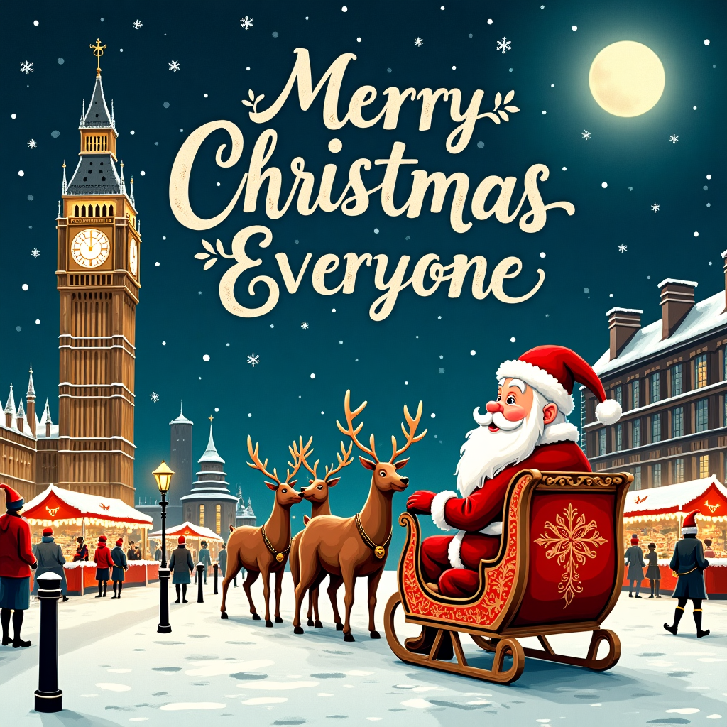 In this uniquely illustrated Christmas card scene, imagine a picturesque view of London on a crisp, snowy night, under the twinkling gaze of a full moon. To the left, Big Ben stands majestically, its clock face casting a soft glow that mingles with the gently falling snowflakes, each flake rendered with intricate Beardsley-like details. The street below is bustling with Santa's elves, each clad in attire reminiscent of Sendak’s whimsical characters, busy setting up festive stalls along the sidewalk. These stalls, adorned with twinkling fairy lights, are filled with an array of toys and sweets, capturing the nostalgic essence of a classic Rockwell holiday scene.

In the center of this lively tableau is Santa Claus himself, seated in a vibrant, intricately decorated sleigh, much like a Parrish masterpiece, parked on the cobblestone street. His jolly face is rosy and framed by his flowing white beard, echoing Wyeth’s vivid characters. Around Santa, a team of reindeer wait patiently, their antlers adorned with glittering ornaments, ready to soar into the night sky.

Above this enchanting scene, in a whimsical Rackham-inspired cloud formation, floats the greeting "Merry Christmas Everyone" written in elaborate, swirling letters. The lettering, reminiscent of Gorey’s penmanship, seems to dance across the night sky, creating an elegant banner of festive cheer. This playful yet solemn card captures the heart of a London Christmas with Santa and his elves, inviting recipients into a world of wonder and joy.
Generated with these themes: Very chrismasy, Santa and elves, and London.
Made with ❤️ by AI.