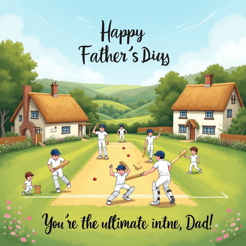 At the top of the Illustration Style image, write the text: "Happy Father's Day".

---

**Image Prompt:**

Illustrate a serene village cricket match set in the idyllic countryside of Surrey. Capture the warm, inviting atmosphere with a hand-drawn illustration that showcases fine linework and textured brush strokes. The scene should feature a group of enthusiastic cricketers dressed in classic white attire, playing on a lush, green field surrounded by quaint thatched-roof cottages and blooming gardens. In the background, gently rolling hills and a clear blue sky add depth and tranquility to the scene. Add small details like a wicker picnic basket and a child cheering on the sidelines to emphasize the familial and community spirit. Use a warm, expressive color palette to evoke a sincere and nostalgic mood. At the bottom of the image, subtly integrate the playful text: "You're the ultimate innings, Dad!"
Generated with these themes: Village cricket match in surrey, and .
Made with ❤️ by AI.