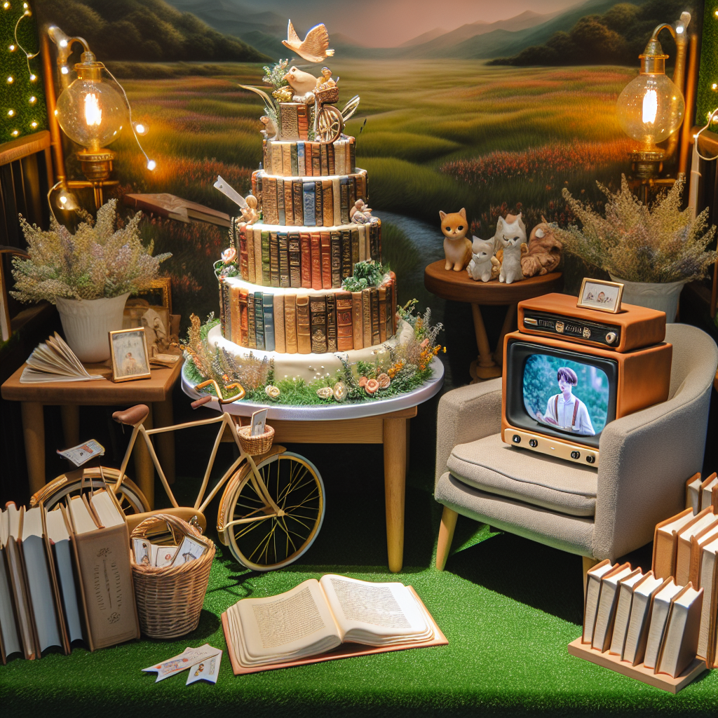 A scenic birthday setup where the beauty of realism blends with charming little elements. The central design is a cake shaped like a pile of antique books, crowned with a small bicycle and a diminutive television displaying a loop of a well-liked TV show. The table is spread with bookmarks that also act as souvenirs, and a snug corner for reading has been fitted with soft cushions and a petite bookshelf brimming with preferred literary works. Ambient lights mellow the surroundings, creating a welcoming ambiance for visitors to indulge in both biking stories and TV escapades.
Generated with these themes: Cycling, Reading, and TV.
Made with ❤️ by AI.