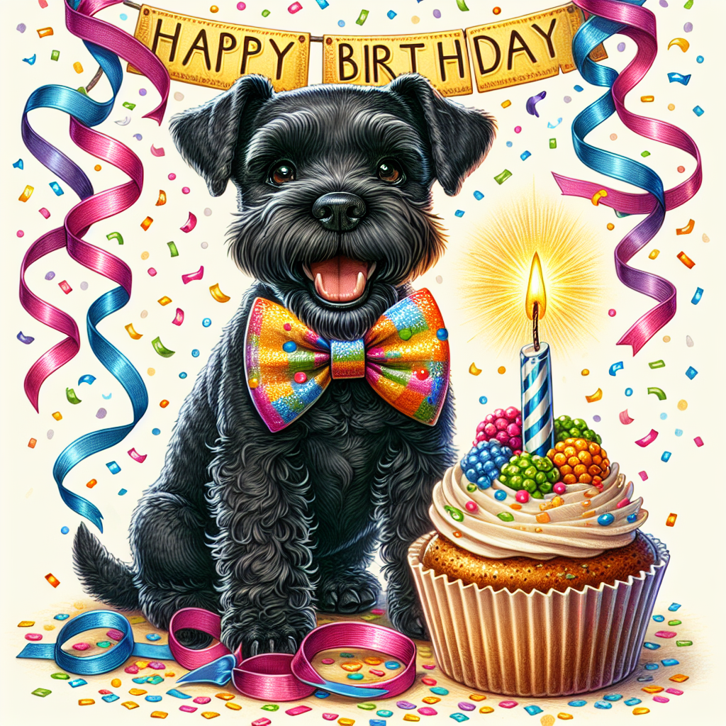 Create an illustration of a cheerful black Patterdale Terrier wearing a vibrantly colored bow tie. The dog is amidst a merry atmosphere of confetti and ribbons that give the impression of a birthday festivity. A delicious cupcake with a single flickering candle is positioned in front of the excited terrier, capturing its enthusiastic demeanor. Unfurling behind the dog is a banner with 'Happy Birthday' inscribed in jovial font, rounding off the delightful setting.
Generated with these themes: Paterdale terrier black .
Made with ❤️ by AI.