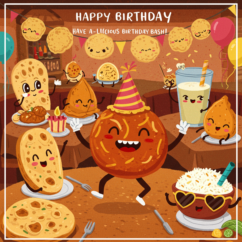 Indian food, illustration, quirky, girly , and Birthday Card