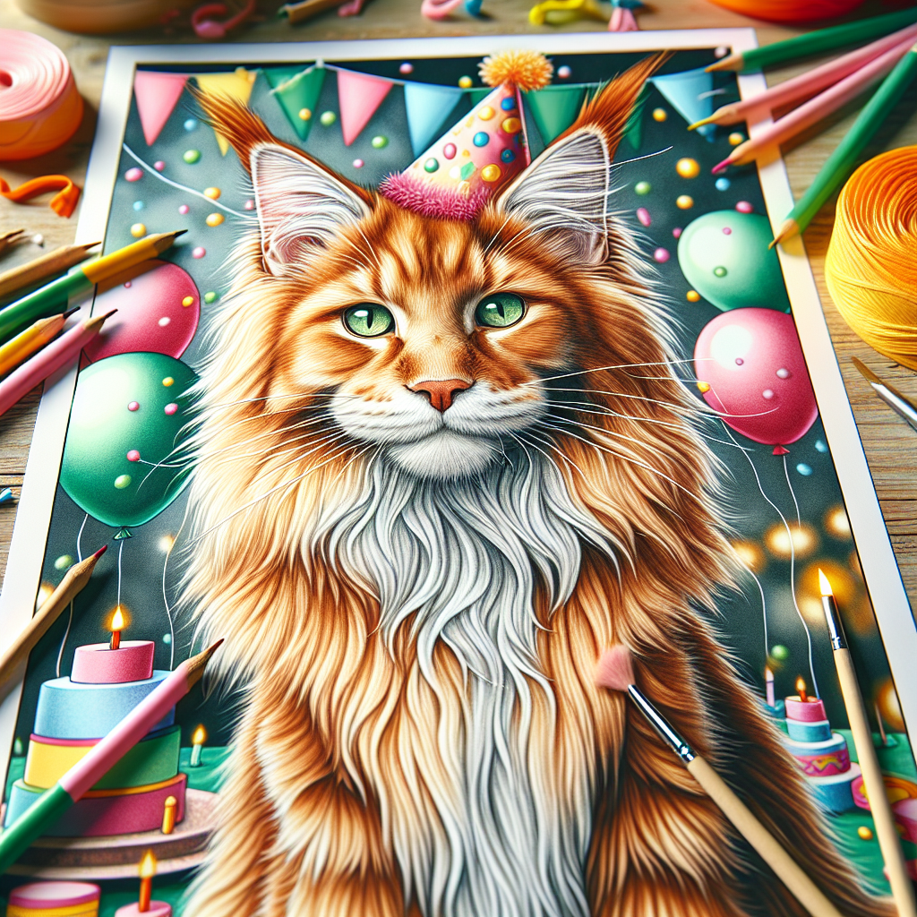 Craft an illustration that captures a cheerful adult Maine Coon cat with a lush ginger-colored coat. The cat stands in the midst of a vibrant birthday setting, its bushy tail waving softly in the atmosphere. It gazes with striking green eyes at the festive decorations surrounding it. Visible in the composition are balloons of various shades bobbing in the air, while a whimsical birthday hat is perched jauntily on the cat's head.
.
Made with ❤️ by AI.