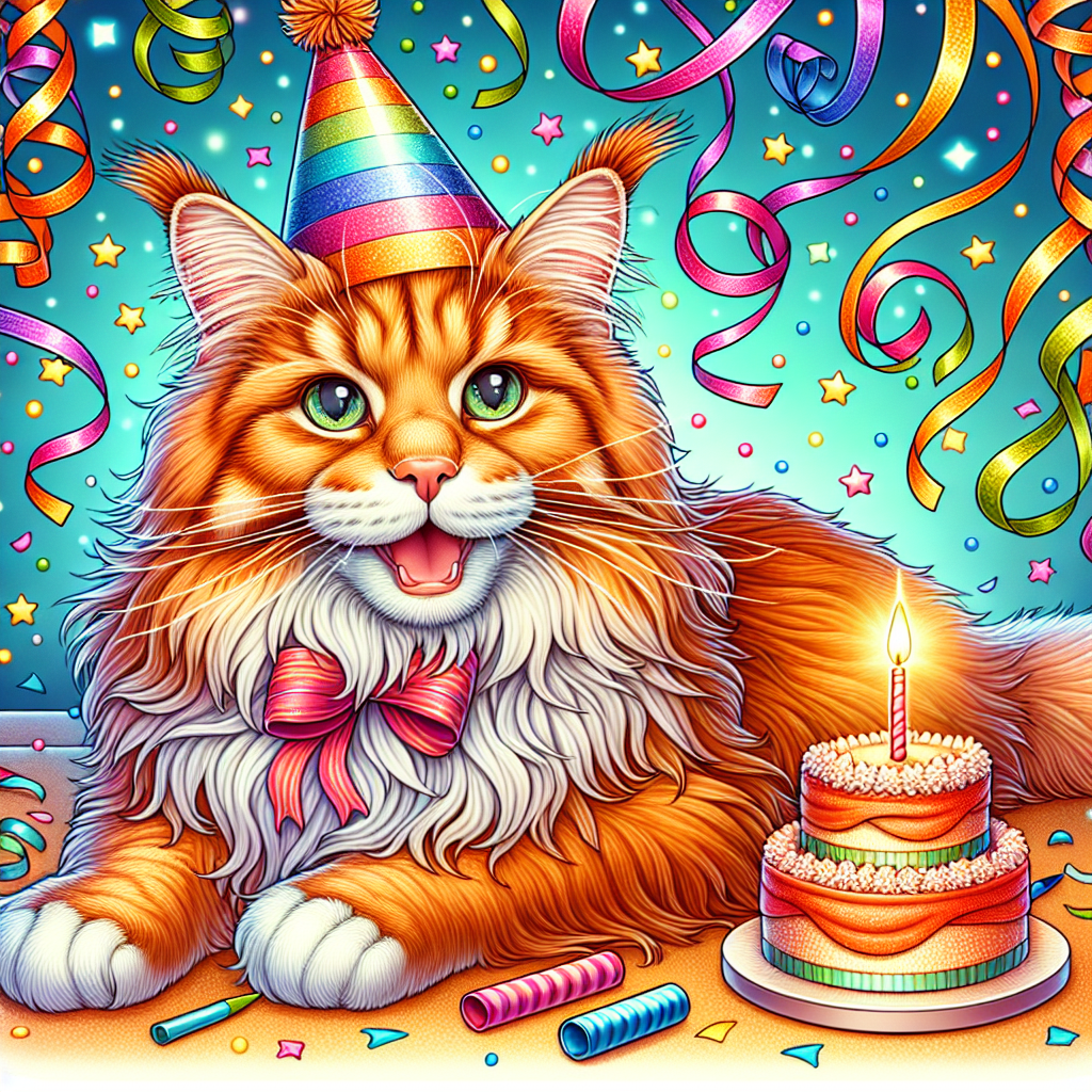 Create an intricate illustration of a charming, animated scenario. The main character is a robust Maine Coon cat with an attractive orange coat and eyes that shimmer with a luxurious shade of green. This happy feline is immersed in the celebration of its birthday, set against an exciting color burst of party streamers and confetti in the background. A petite birthday cake adorns the scene in front of the cat, boasting a single candle that is ready to receive a secret birthday wish.
.
Made with ❤️ by AI.