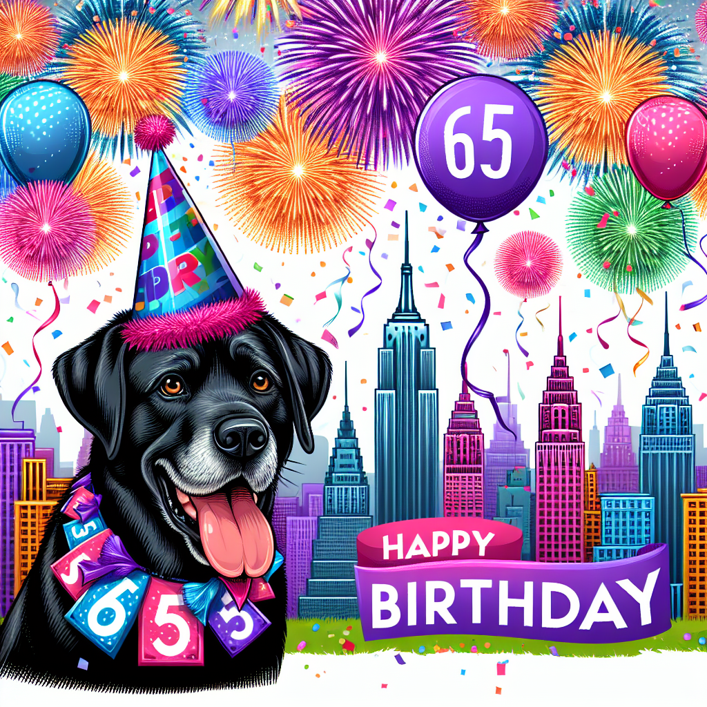 Create a captivating vector illustration showcasing a birthday celebration set against the backdrop of the famous New York City skyline, adorned with a vibrant explosion of multi-colored fireworks above the high-rise buildings. In the forefront, a joyous black Labrador is wearing a celebratory hat and has a large '65' balloon attached to its collar, signifying the noteworthy age that's being celebrated. The color scheme is bright and festive, including scattered confetti and streamers that enhance the jubilant ambiance.
Generated with these themes: New york, 65, and Black Labrador .
Made with ❤️ by AI.