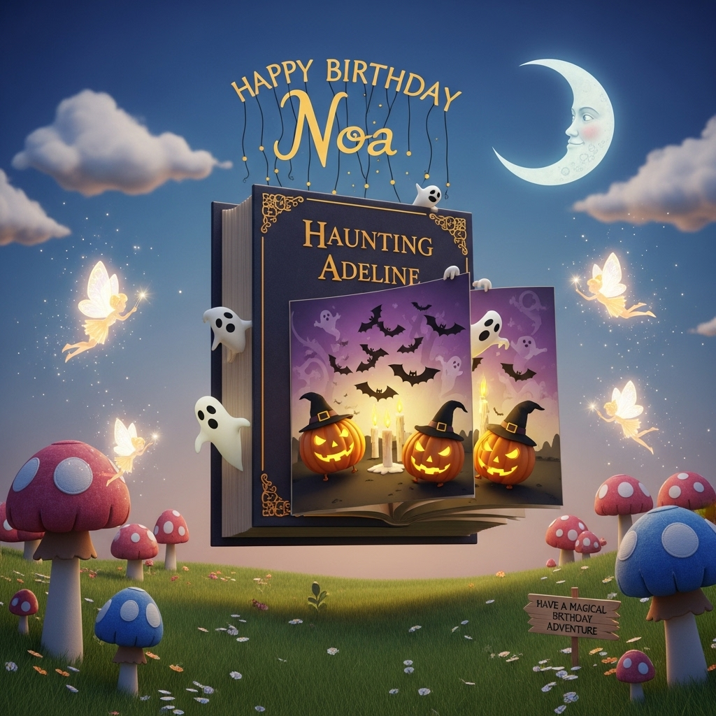 At the top of the Surreal Style image, "HAPPY birthday Noa" is playfully woven into the dreamscape.

### Image Prompt:

In a whimsical, Dali-inspired landscape, a giant, enchanting book titled "Haunting Adeline" levitates in the center, with its pages slowly turning on their own. Each page reveals a vibrant Halloween scene: dancing pumpkins with tiny witch hats, bats gracefully fluttering around glowing candles, and mischievous ghosts peeking from the book’s edges. Surrounding the book, a meadow made of plush, candy-colored mushrooms gently sways. Delicate, luminous fairies with sparkling wings flit around, casting soft, shimmering light. In the sky above, a surreal crescent moon with a friendly, smiling face watches over the celebration, creating an atmosphere of cute and dreamlike wonder. In the meadow, a small sign reads: "Have a Magical Birthday Adventure!"
Generated with these themes: Book: Haunting Adeline , Halloween, Made Meadows, and .
Made with ❤️ by AI.