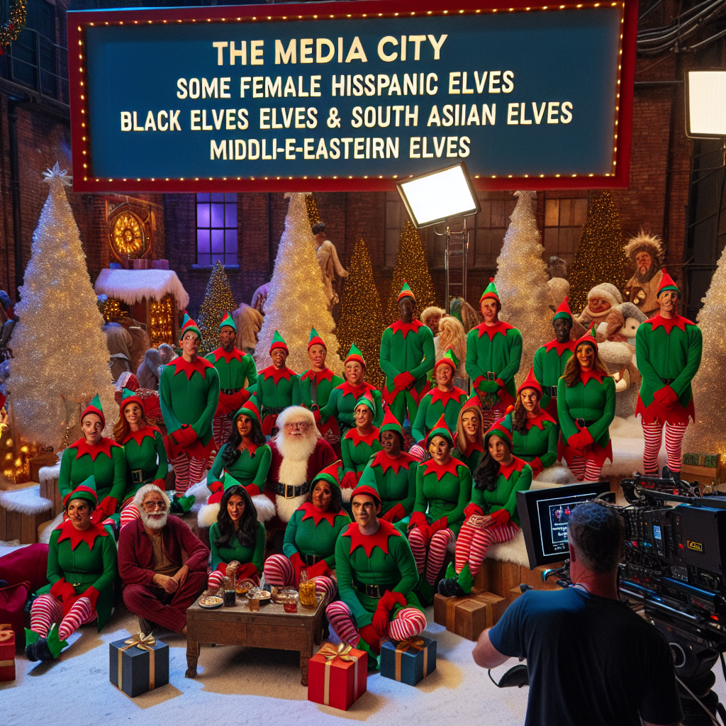Tv sitcom, Christmas trees, Manchester, Media city, Presents, Santa serving christmas dinner, Elves of different ethnicities, Illuminated snowmen, and Tv cameras Christmas Card