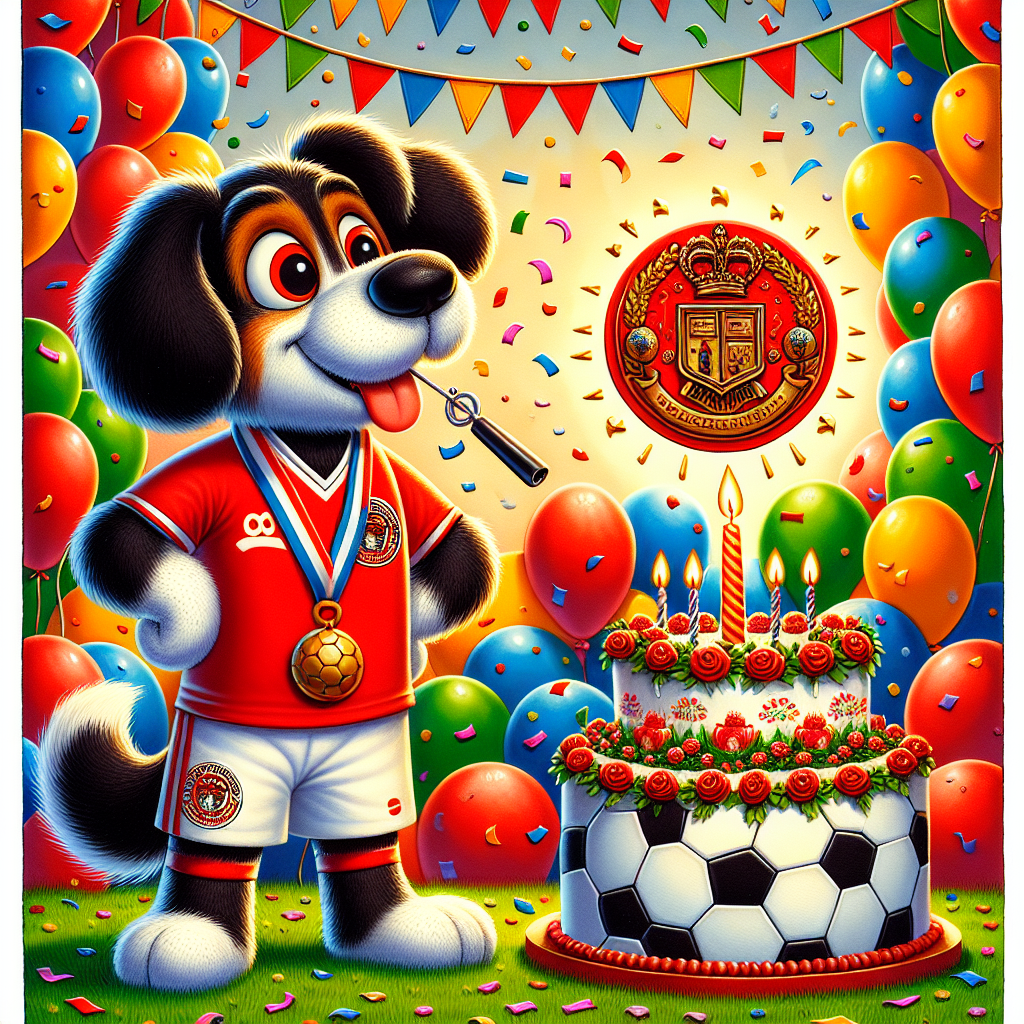 A merry, birthday-themed illustration consisting of a festive background embellished with bright balloons and confetti. Central to this scene is a cartoonish dog sporting a red football jersey, playfully wagging its tail. It bears a whistle around its neck, suggesting the likeness of a football referee. Adjacent to it, a wonderfully decorated birthday cake stands, crowned with a miniature emblem bearing resemblance to an emblem of a well-known football club and a sole, lit candle. The cake is settled on a grassy patch. The lower edge of the illustration is ornamented with a pattern of soccer balls, effectively fusing the elements of football and birthday celebration.
Generated with these themes: Liverpool football, and Dogs.
Made with ❤️ by AI.