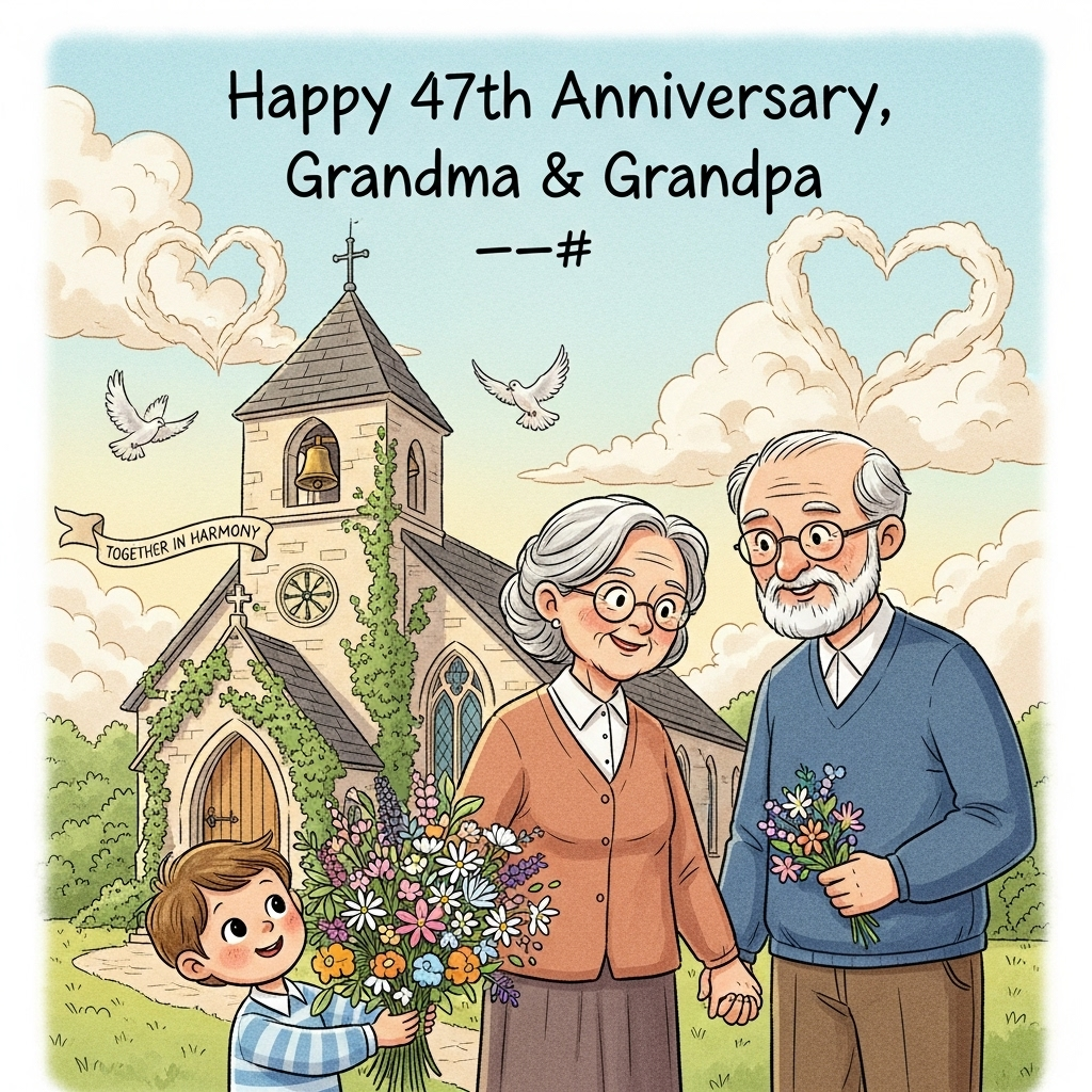 At the top of the Illustration Style image, the text reads: **Happy 47th Anniversary, Grandma & Grandpa**

---

### Image Description:

In the foreground, a charming hand-drawn scene unfolds with a little boy, the grandson, holding a large bouquet of wildflowers. His wide eyes sparkle with joy as he stands between his grandparents, who are lovingly holding hands. The grandparents, with gentle smiles, are dressed in their Sunday best. 

Behind them, an elegant old church with ivy gracefully climbing its stone walls serves as a backdrop, bathed in the golden light of the afternoon sun. The church's bell tower is adorned with a small, fluttering banner that reads, "Together in Harmony."

In the sky above, fluffy clouds form heart shapes, enhancing the whimsical, warm atmosphere. A pair of doves flutter gently around, adding to the scene's sense of peace and enduring love.

The colors are soft and warm, with textured brush strokes that convey a sense of nostalgia and tenderness. The composition is perfectly balanced, creating a delightful anniversary greeting.
Generated with these themes: Each other, Grandson, Church, and .
Made with ❤️ by AI.