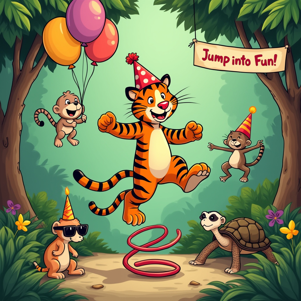 In a vibrant, cartoon-style birthday card, a whimsical scene unfolds in the heart of a lush, animated jungle. A jovial tiger, wearing a bright red birthday party hat adorned with polka dots, is enthusiastically skipping rope in the center of the scene. The rope, comically large and striped like the tiger's tail, swishes through the air, almost catching a nearby parrot mid-flight. The tiger's eyes are wide with joy, and its mouth is open in a gleeful roar as it leaps gracefully over the rope. Surrounding the tiger are various jungle animals acting as an impromptu audience; a curious monkey is hanging upside down from a vine, holding a banana in one hand and a tiny, tattered party blower in the other, attempting to make noise in support of the tiger's antics. On the ground, a turtle is balancing a miniature cake on its back, the candle flickering with an exaggerated cartoon flame. To the left, a cluster of colorful balloons tied to a curious meerkat’s tail threatens to lift it off the ground, while it peeks over the rim of its signature sunglasses, enjoying the spectacle. The scene is dotted with oversized leaves and tropical flowers, and a banner strung between two trees in the background reads "Jump Into Fun!" in bold, playful letters. This lively tableau captures a moment of jungle jubilation, each character infused with a distinct personality, reminiscent of the expressive, character-driven narratives of Charles Schulz and Bill Watterson.
Generated with these themes: Tiger skipping rope.
Made with ❤️ by AI.