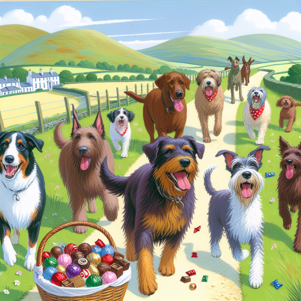 Craft a delightful image that portrays a lively birthday party among a diverse collection of dogs in the scenic Welsh countryside. Various breeds are represented, each expressing jubilance and holiday cheer. Illustrate them strolling on a picturesque path with rolling hills in the background. One dog is carrying a basket filled with mouth-watering chocolates, while another is leading the rest in serenading a joyous birthday melody. Their wagging tails should be apparent, adding an air of fervor and revelry to the overall theme.
Generated with these themes: Dogs, Chocolate, Walking , Singing, and Wales .
Made with ❤️ by AI.