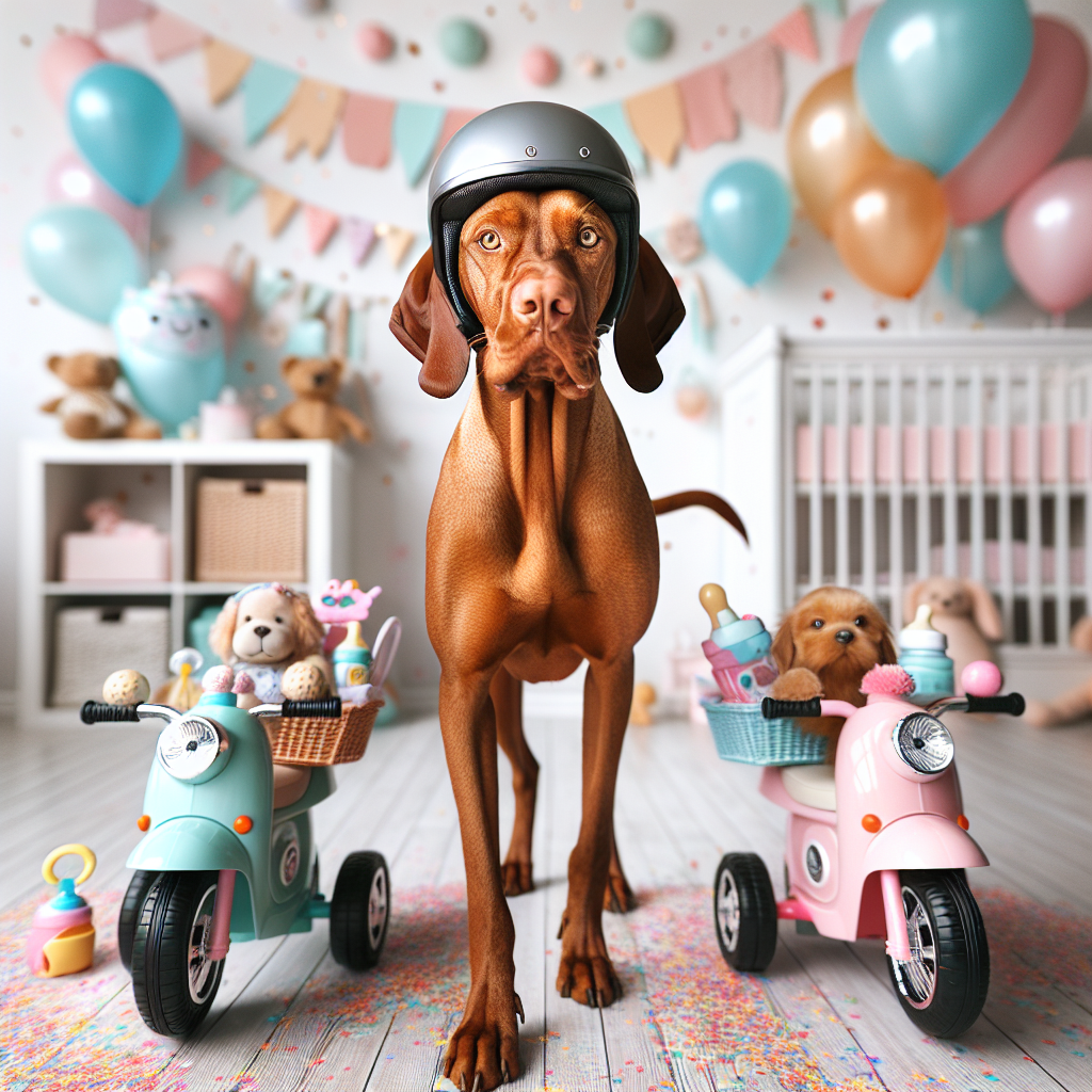 A heartwarming image showcasing the celebration of a new baby. The central focus is a Hungarian Vizsla dog, characterized by its warm rust-coloured coat, wearing a helmet and displaying gentle, friendly eyes. It is leading a toy motorbike parade; the bikes are tinted in calming pastel colours and are humorously carrying baby essentials like rattles, diapers, and bottles. The dog's tail is swinging in a welcoming wag. The charming backdrop is a brightly decorated nursery room brimming with celebration balloons and confetti, adding to the joyful atmosphere.
Generated with these themes: Motorbikes, and Hungarian viszla dog.
Made with ❤️ by AI.