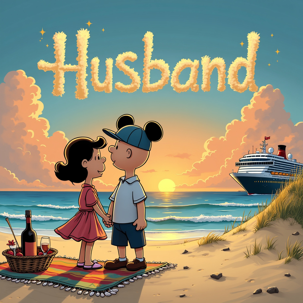 In the foreground of the scene, we see a cartoon couple inspired by the art styles of Charles Schulz and Walt Disney, standing hand in hand on a beautiful beach at sunset. The couple is gazing lovingly at each other, with the husband wearing a Mickey Mouse hat to bring in the Disney element. Their figures are drawn in a way that nods to the simplicity of Schulz's characters, but with the charming expressions typical of Disney's early animations. The wife is wearing a sundress that flows gently in the evening breeze, reminiscent of the fluid lines of Will Eisner's work.

Behind the couple, the vast ocean stretches out, with soft waves crashing onto the shore. A majestic cruise ship, drawn in the detailed style of Hergé's Tintin, is docked not far from the beach, creating a stunning silhouette against the orange and purple hues of the sunset. The cruise ship is adorned with subtle Disney elements, like a large Minnie Mouse bow on the ship's deck.

To the left of the couple, there’s a small sandy dune with a seashell border, upon which a colorful beach towel lies. On the towel, a simple yet elegant beach picnic is set up, including a basket with a classic bottle of wine and a couple of glasses, styled in the way Gary Larson might humorously include small yet important details in his work.

In the sky, the clouds form the word "Husband" in whimsical, fluffy letters, much like something out of Winsor McCay's "Little Nemo in Slumberland." This ensures the name stands out clearly and beautifully. To add a touch of magic, tiny Disney-style sparkles and stars twinkle around the letters.

Finally, on the far right of the scene, a small sandcastle built in the shape of Cinderella's castle stands proudly. The castle is adorned with little flags, one of which has the number of years the couple has been married inscribed in R. Crumb's intricate and detailed line work style. This scene is filled with numerous small touches and Easter eggs that celebrate the themes and create a heartwarming and visually engaging story for the anniversary card.
Generated with these themes: Beach, Holding hands, Disney , Cruise ship, and Husband on our anniversary.
Made with ❤️ by AI.