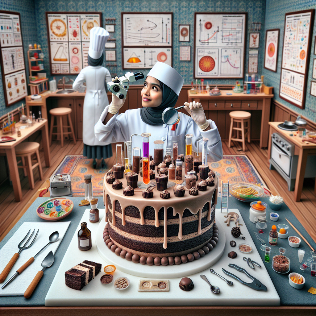 Create an imaginative image of a birthday scene that blends the worlds of science and cooking. The centerpiece of the room is a delicious-looking chocolate cake, expertly made by a Middle-Eastern pastry chef. Notable decorations on the cake include miniature tools for both the lab and the kitchen, such as a microscope and petri dishes made from fondant. The room itself is filled with a unique combination of scientific charts and cooking diagrams. The birthday celebrator, a South Asian woman, adds to the playful science-meets-cooking theme by wearing a lab coat and a chef's hat, an eager expression on her face as she's ready to experiment with both flavors and recipes.
Generated with these themes: Science, and Cooking.
Made with ❤️ by AI.