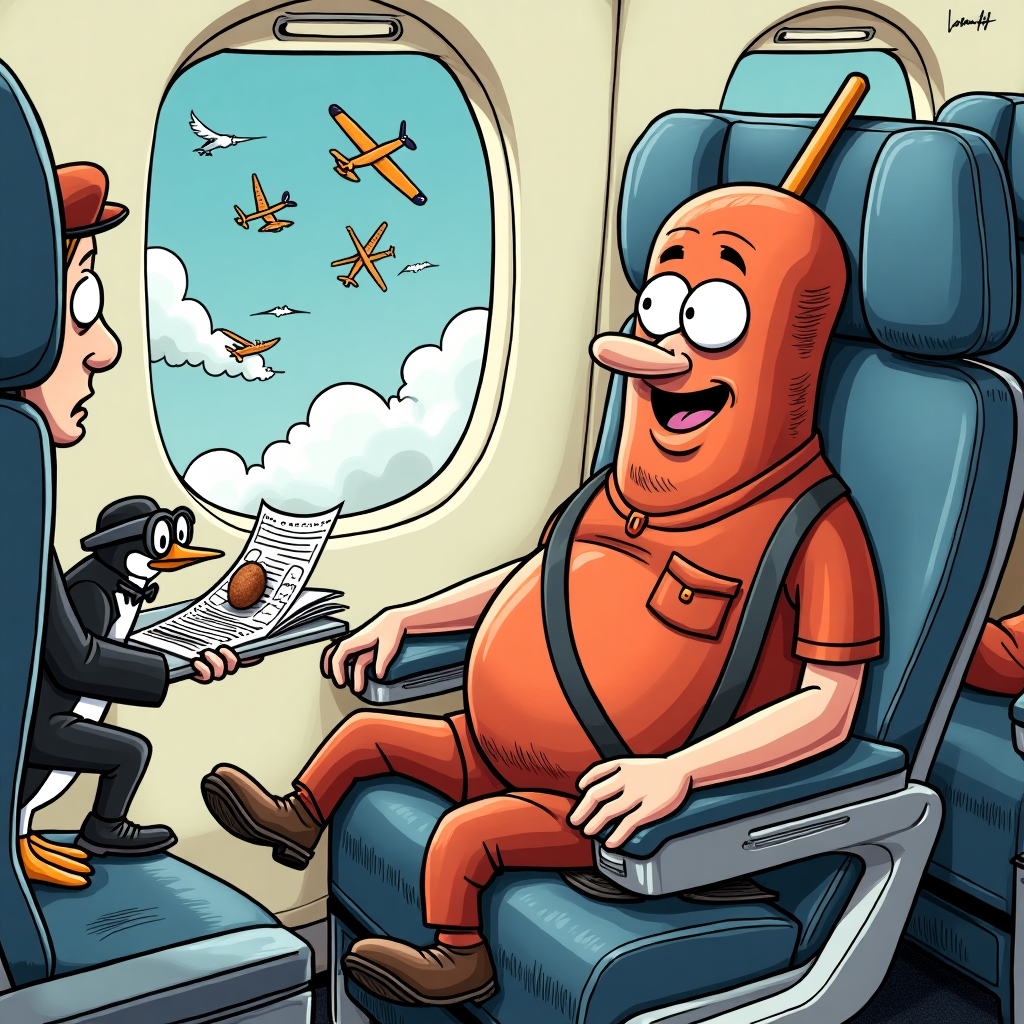 In the whimsical world of this greeting card cover, we find ourselves in the bustling cabin of an aircraft in mid-flight. The cartoon scene is filled with humor and detail, reminiscent of the quirky and exaggerated styles of Bill Watterson and Gary Larson. In the foreground, a jovial, plump kebab is comfortably seated in an airplane seat, complete with a seatbelt awkwardly strapped across its skewered body. The kebab's skewer pokes slightly out of its seat, causing the nearby flight attendant to have an exaggerated look of surprise, with wide eyes and a comically shocked expression. She balances a tray precariously in one hand, with a single falafel rolling off the edge.

To the left, a cartoonish, anthropomorphized airplane window is open, showcasing fluffy clouds and a flock of startled birds flapping away, their eyes wide and feathers ruffled, adding a touch of chaos to the serene sky. Across the aisle, a passenger, depicted as a dapper penguin in a tiny tuxedo, holds a travel magazine upside down, peering over its rim at the kebab with a raised eyebrow.

The aircraft's interior is dotted with humorous details: the overhead compartments bulge with zany items like a surfboard and a giant rubber duck, while a curious cat, wearing an aviator hat and goggles, peeks out from a neighboring seat pocket. In the background, an in-flight movie screen displays a classic black-and-white film, featuring a dramatic kabuki theater scene, adding a cultural nod to Osamu Tezuka's influence.

Overall, the scene is a symphony of eccentric elements coming together to create a story that feels both unexpected and delightfully absurd, inviting laughter while simultaneously extending heartfelt sympathy through its charming chaos.
Generated with these themes: Kebab in the aicraft.
Made with ❤️ by AI.