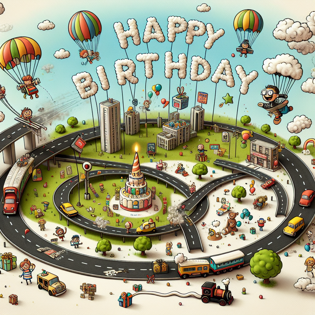 Visualize a playful, cartoon-style birthday scene. The image showcases a lively highway encircling the edges of the invitation, with miniature vehicles making their way towards a central birthday festivity. In the sky, non-specific, imaginative cartoon characters energetically parachute down, bearing gifts and balloons in tow. Further below, an animated, joyous train is seen moving along the bottom edge of the scene, releasing clouds from its chimney that spell out the words 'Happy Birthday!' in a fun, comic sans typeface.
Generated with these themes: Motorways, Roblox, trains.
Made with ❤️ by AI.