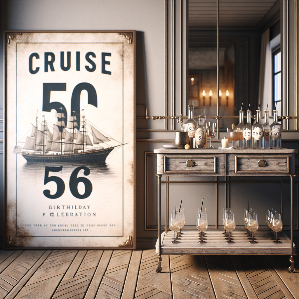 An image depicting a room with a mature, realistic aura and understated maritime decor, capturing the essence of a sea voyage. The scene is set for a 56th birthday celebration. The words 'CRUISE DRINK 56' are prominently displayed on a minimalist bar cart with an aged wooden finish, which serves as the centerpiece of the room. Nearby are glasses, each half-filled with a unique cocktail, reflecting the solemn tone of the evening. The setup is designed to invite guests to partake thoughtfully in celebrating another year of the journey of life.
Generated with these themes: CRUISE DRINK 56.
Made with ❤️ by AI.