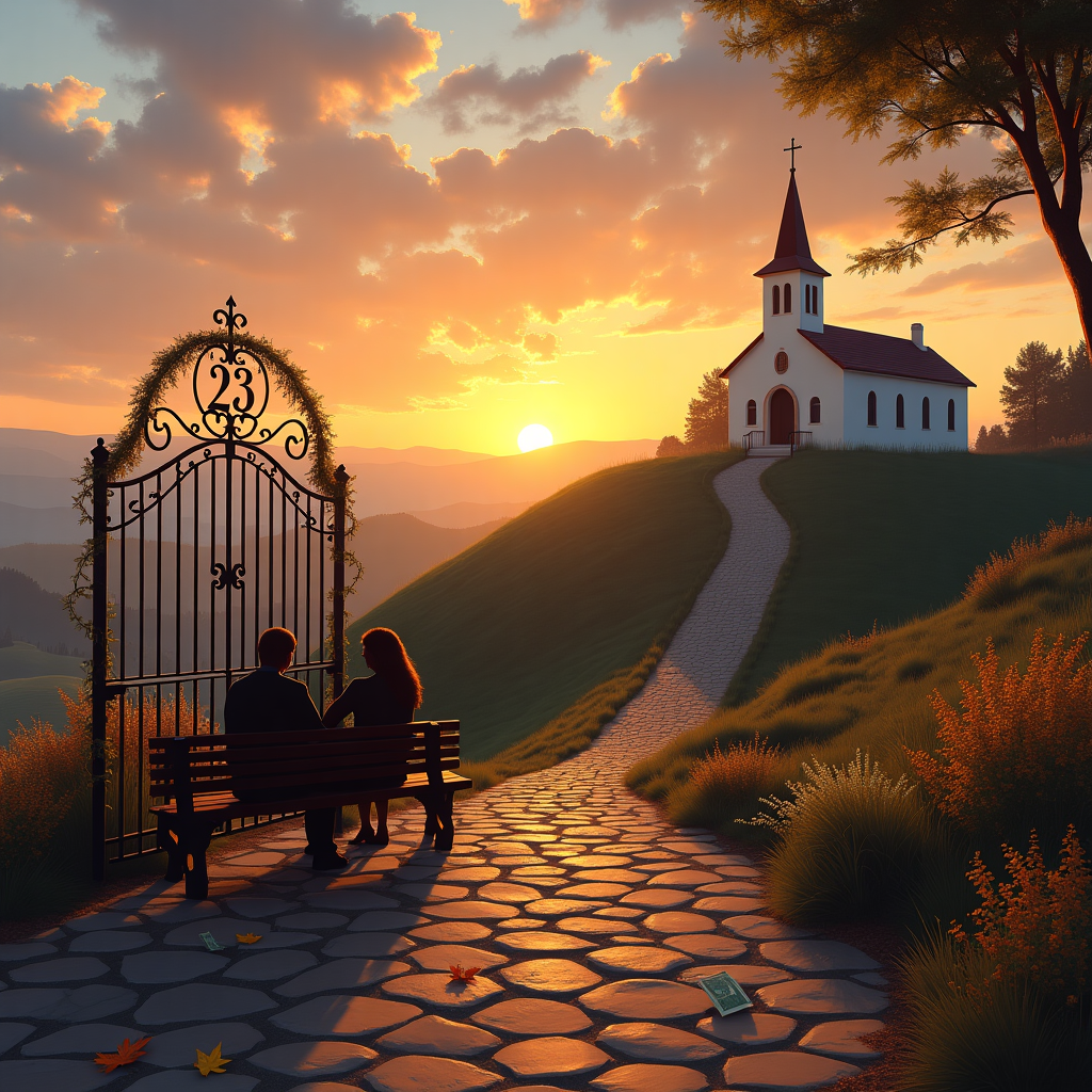 The scene is set on a serene hilltop overlooking the rolling landscapes of Fresno at sunset. The sky is a cascade of warm oranges and purples, with clouds that subtly spell out "Liz" in flowing script, gently illuminated by the fading sunlight. Nestled among the hills is a quaint Holy Church, its steeple reaching towards the heavens. The number "23" is prominently displayed on a wrought iron gate leading to the church, subtly crafted from intertwined vines and blooming flowers. A cobblestone path winds its way from the church to a rustic wooden bench, symbolizing friendship, where two silhouettes sit side by side holding hands, representing true love. Scattered around the bench are fallen autumn leaves, and among them, playfully scattered, are various denominations of cash, suggesting prosperity and the riches of shared life. In the distance, a field of wildflowers dances gently in the breeze, adding splashes of color to the scene. The composition brings together all these elements in a harmonious tapestry, telling a story of enduring love, friendship, and a journey marked by faith and prosperity, all against the picturesque backdrop of the Fresno hills.
Generated with these themes: The number 23, Holy church, Money and cash, Friendship, Rolling hills, Sunset, True love, and Fresno.
Made with ❤️ by AI.