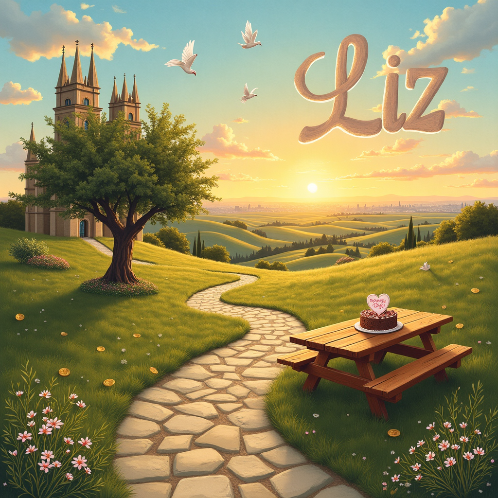 In the foreground of this anniversary card's front cover, a cobblestone path winds its way through gently rolling hills covered in a patchwork quilt of wildflowers and soft green grasses. Alongside the path, an elegant stone church with Gothic spires stands, its silhouette beautifully backlit by the golden hues of a setting sun. The church's stained-glass windows catch the sunlight, casting a mosaic of colors onto the ground below. Just in front of the church, a pair of intertwined olive trees stands as a symbol of true love and eternal friendship, their branches forming a heart-shaped canopy. Underneath the arch, two doves are nestled together, a nod to enduring partnership.

To the left, a group of friends gather around a rustic wooden picnic table, celebrating with laughter and joy. On the table, a cake shaped like the number "23" is prominently displayed, commemorating the special anniversary year. Scattered around the table, are vintage gold coins and dollar bills, perhaps remnants of a game or a traditional toast to prosperity and fortune. 

In the distance, the expansive landscape unfolds to reveal a panoramic view of Fresno's horizon, where the city's skyline meets the vast expanse of the sunset-tinged sky. And up in that sky, softly painted clouds artfully spell out the name "Liz" in a delicate and playful script, serving as a personal touch to the scene and a reminder of the individual whose celebration is at the heart of this picturesque moment.
Generated with these themes: The number 23, Holy church, Money and cash, Friendship, Rolling hills, Sunset, True love, and Fresno.
Made with ❤️ by AI.