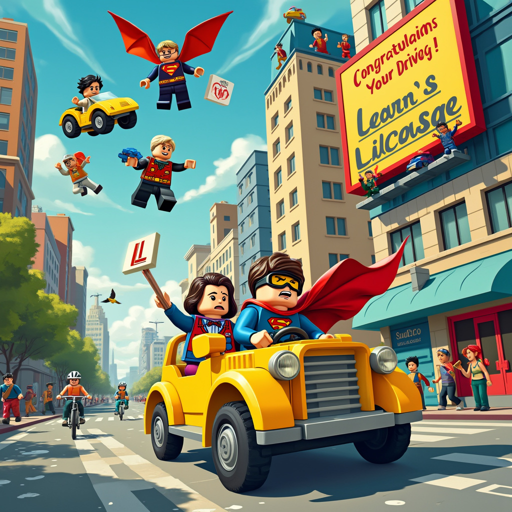 The greeting card front cover features a bustling, whimsical cityscape inspired by the golden age of comics. The scene is divided into two distinct levels. On the ground level, we see a learner driver, who is also a superhero, nervously gripping the wheel of a bright yellow, Lego-style car. The car is adorned with oversized “L” plates on the front and back, and each wheel is a classic Lego block. The driver, a quirky character in a mix of superhero costume and driving instructor attire, is wearing a red cape flapping in the wind, comically oversized goggles, and a helmet with the word "STUDENT" emblazoned on it. His mentor, a calm and wise-looking figure resembling a cross between a Lego minifigure and a sage-like superhero, sits beside him offering guidance, holding an instructional manual titled "Superhero Driving for Dummies."

Above the street, in the sky, another layer of action unfolds. Lego bricks form makeshift platforms and buildings with colorful, interlocking pieces that create a whimsical city skyline. Here, we see a series of superheroes made from Lego, soaring through the sky, celebrating the learner driver's success. One is a flying Lego superhero holding a banner that reads, "Congratulations on Your Achievement!" in bright, bold letters. Another superhero is juggling Lego cars, creating an impressive, albeit chaotic, display of aerial acrobatics.

To the left, there’s a towering Lego skyscraper where more superhero friends lean out of the windows cheering and waving flags. On the right, a comically exaggerated billboard advertises a “Superhero Learner's License” with an image of the driver in a triumphant pose.

In the background, the iconic elements of a classic cartoon city are visible, like trees shaped as Lego pieces, a bright blue sky dotted with fluffy white clouds, and a few playful birds that are also constructed from Lego bricks. The city is alive with movement, from Lego pedestrians and cyclists below to superheroes and flying Lego bricks above, all celebrating the milestone achievement of the learner driver superhero.

This dynamic, playful scene is a mash-up of Peanuts' gentle humor, Calvin and Hobbes' boundless energy, and The Far Side's quirky surrealism, all brought together with the meticulous detail and storytelling prowess of Hergé's Tintin and Will Eisner's graphic novel artistry.
Generated with these themes: Super heroes, Lego, and Learner driver.
Made with ❤️ by AI.