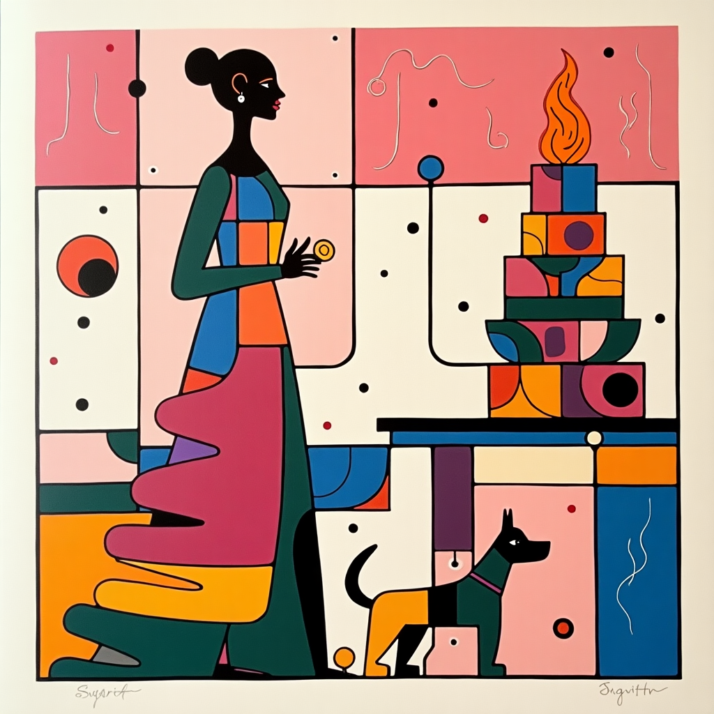 Front and center of the card is an abstract representation of Sarah, a figure composed of bold, geometric shapes reminiscent of Piet Mondrian’s signature style. Her dress is an exuberant celebration of pinks, layered in various shades—from soft pastels to deep magentas—stacked like cascading blocks. Her abstract form hints at a fashion-forward silhouette, with rectangles and triangles overlapping in an off-kilter fashion, giving her an avant-garde flair.

At Sarah’s feet, a dog takes form, inspired by Joan Miró’s whimsical creatures. The dog is a playful concoction of curves and zigzags, its body a collection of circular and oval shapes painted in vibrant hues of blue, yellow, and a splash of green. Its eye is a spiral, adding a sense of playful energy.

The background is a cacophony of colors and shapes, nodding to the controlled chaos of Jackson Pollock. Dots, swirls, and lines in an array of colors—vivid reds, calming blues, and invigorating oranges—dance across the canvas. Behind Sarah, a bold, angular line reminiscent of Kazimir Malevich's work stretches across the card horizontally, symbolizing a table piled with abstract, colorful birthday gifts and a towering birthday cake. The cake is a stack of squares and circles, each layer a different color—emerald green, sunny yellow, and a bright purple—with a single flame-like shape flickering at the top.

Above, the sky is divided into large rectangular sections in the style of Mark Rothko, using muted pinks and deep, warm oranges, creating a harmonious backdrop. Sprinkled throughout the scene are delicate lines and scribbles in white, channeling Cy Twombly, suggesting balloons or ribbons dancing through the air. The entire scene is bordered by thin, black grid lines as a nod to Mondrian, tying the whimsical, energetic elements together in a neat abstract framework.
Generated with these themes: Sarah with Dog , Pink fashion, and Birthday.
Made with ❤️ by AI.