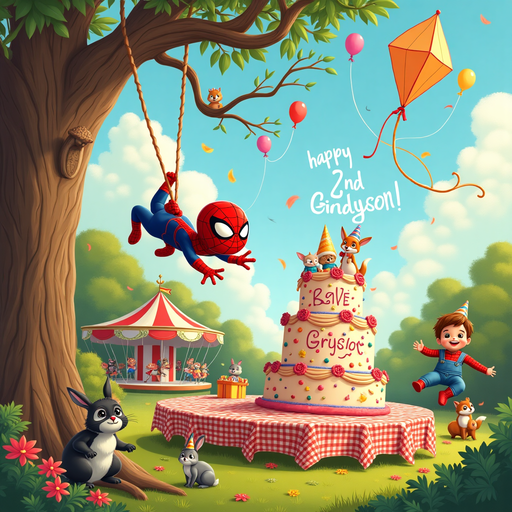 In the whimsical style of a fantastical storybook, the birthday card illustration unfolds in a vibrant, bustling scene set in a sunny park. The foreground showcases a playful, pint-sized Spiderman with a mischievous grin, wearing his iconic red and blue costume—complete with toddler-sized gloves and mask. He's attempting a daring swing on a spider silk web, which is humorously tangled in the branches of a nearby tree. This tree is an imaginative, towering oak with sprawling limbs, adorned with colorful, fluttering streamers and balloons shaped like spiders.

In the background, a carousel of eccentric characters from various fairy tales whirls merrily; a nod to Maurice Sendak's playful chaos. Nearby, a long picnic table is covered with a checkered cloth and overflowing with classic birthday treats. A massive birthday cake, inspired by Beatrix Potter's charmingly detailed style, towers with two enormous tiers. The cake is decorated with tiny edible Spiderman figures climbing its sugary facade. Crowning the cake, in frosted red and blue letters, reads "Happy 2nd Birthday Greyson!" amidst swirls of spider webs made of icing.

To the right of the cake, an enormous, pastel-colored kite soars in the sky, with the string being enthusiastically clutched by a giggling child dressed in a vintage-style Peter Pan outfit, reminiscent of N.C. Wyeth's adventurous spirit. In the sky above, fluffy white clouds, reminiscent of Maxfield Parrish's dreamy horizons, subtly form the letters of Greyson's name, adding an ethereal touch to the celebration.

Off to the side, a group of forest creatures, with a hint of Edward Gorey's eccentricity, join in the fun. They are depicted as a parade of rabbits, foxes, and owls wearing party hats, holding tiny presents in their paws, adding a delightful touch of whimsy to the scene. All these elements combine to create a magical and humorous celebration of Greyson's second birthday, weaving a narrative full of charm and playful imagination.
Generated with these themes: spiderman's 2nd birthday .
Made with ❤️ by AI.