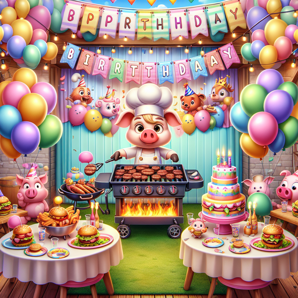 Picture a setting with a vibrant atmosphere filled with pastel-colored balloons and banners. These decorations are embellished with a variety of charming cartoon characters, all celebrating a birthday. At the heart of the scene is a delightful cartoon-style barbecue grill, complete with lively animated flames. An anthropomorphic pig, dressed in a chef's hat, is busily flipping burgers. The party's tableware carries playful designs depicting animals partaking in a splendid feast. On a corner table, a cartoon-style cake, topped with bright, whimsical candles, waits in anticipation of the birthday song.
Generated with these themes: barbecue .
Made with ❤️ by AI.