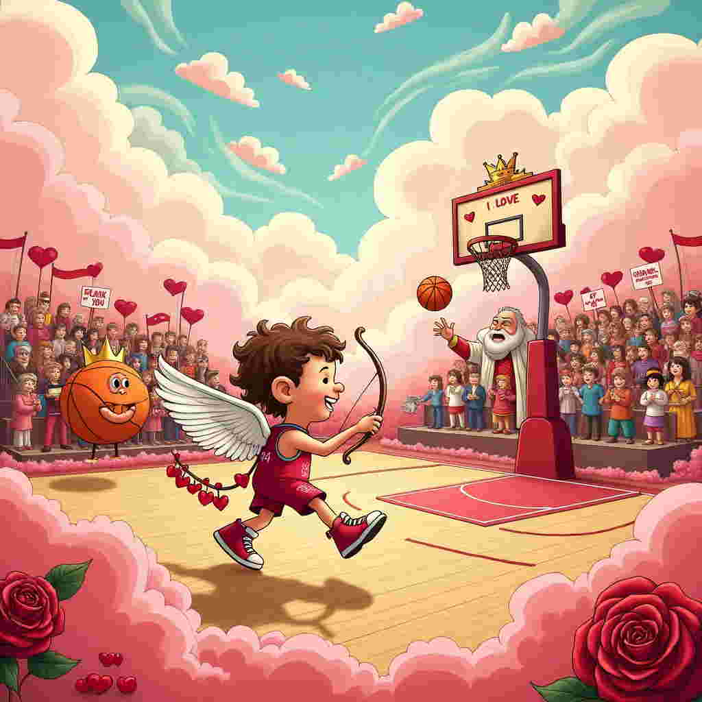 The scene unfolds on a whimsical basketball court that floats amidst fluffy, pink-tinged clouds, reminiscent of Winsor McCay's dreamy landscapes. The court's wooden flooring is shaped like a giant heart, with hoops adorned with cascading red roses instead of nets, a nod to the romantic theme. At center court, a cartoonish Cupid stands ready, poised mid-air with a mischievous grin, sporting oversized sneakers and a quiver packed with heart-tipped arrows. He’s wearing a jersey that reads “#14”, symbolizing the 14th of February, Valentine’s Day. On the sideline, a benevolent King character, with a twinkling crown and a plush velvet robe, enthusiastically cheers. His scepter, amusingly topped with a tiny basketball, rests beside him on a gilded throne that sits on the court’s edge. The scoreboard above shows the score as "I LOVE" versus "YOU," both hilariously tied at 14-14, bringing a playful twist to the romantic message. Above the court, wispy clouds shape the recipient's name, "Frank," as if skywritten in Cupid's own hand. In the stands, a sea of cartoonish characters - a nod to the eclectic cast of Charles Schulz and Bill Watterson - wave heart-shaped flags and banners, each with endearing little slogans of affection. To the left, a comically large, talking basketball with eyes and a smile holds up a sign that reads, "Frank, You Are Our MVP!" With the whole scene, inspired by Hergé's clean line and Tezuka's expressive figures, every detail combines to create a captivating and humorous celebration of love on the court.
Generated with these themes: Basketball court , I love you , Cupid, and King .
Made with ❤️ by AI.