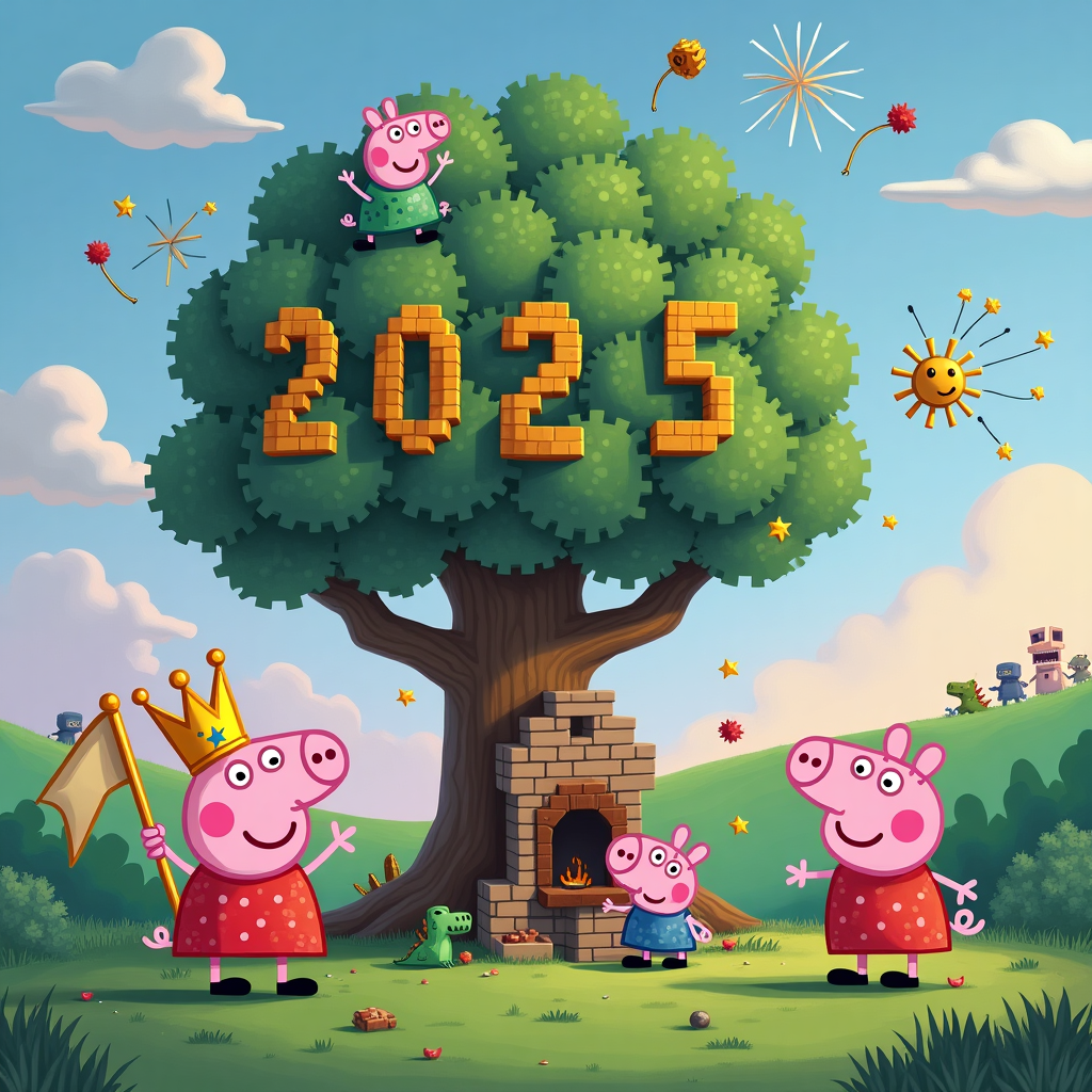 The scene is set in a whimsical, slightly fantastical world where Peppa Pig and her family have somehow stumbled upon the blocky landscapes of Minecraft to celebrate the arrival of 2025. The foreground features Peppa Pig, gleefully wearing a pixelated diamond crown atop her head, a nod to the Minecraft theme, while she waves a little banner that reads "2025" in bright, blocky numbers. Her brother George, dressed in a Minecraft creeper costume, is attempting to build a simple house with oversized Lego-like blocks that echo Minecraft's signature aesthetic. 

Behind them stands a grand, exaggerated, and slightly twisted New Year’s tree that fuses both worlds, crafted entirely from various Minecraft blocks yet adorned with Peppa Pig universe-style ornaments: little smiling suns, muddy puddle-shaped baubles, and small toy dinosaurs peeking out here and there. Perched on one of the tree's branches is Daddy Pig, comically balanced and holding a blocky fireworks launcher with a puzzled expression. A few fireworks are already suspended mid-air, frozen in time, capturing that perfect moment just before they explode into a pixelated blaze of color. 

In the background, Mummy Pig is giggling, dressed in a Beatrix Potter-inspired elegant dress with intricate lace patterns, trying to cook a New Year's feast on a Minecraft furnace, which is humorously too small for her culinary aspirations. The sky is a fantastical blend of Minecraft’s cubed clouds and Peppa’s traditionally styled rolling hills, complete with a Maxfield Parrish-inspired twilight with hues of pastel pinks and blues to suggest the arrival of a new day, a new year, and a new adventure. The card's design is a delightful, detail-rich tapestry that seamlessly melds two beloved worlds into a charming tableau to ring in 2025.
Generated with these themes: Minecraft, Peppa Pig, and 2025.
Made with ❤️ by AI.