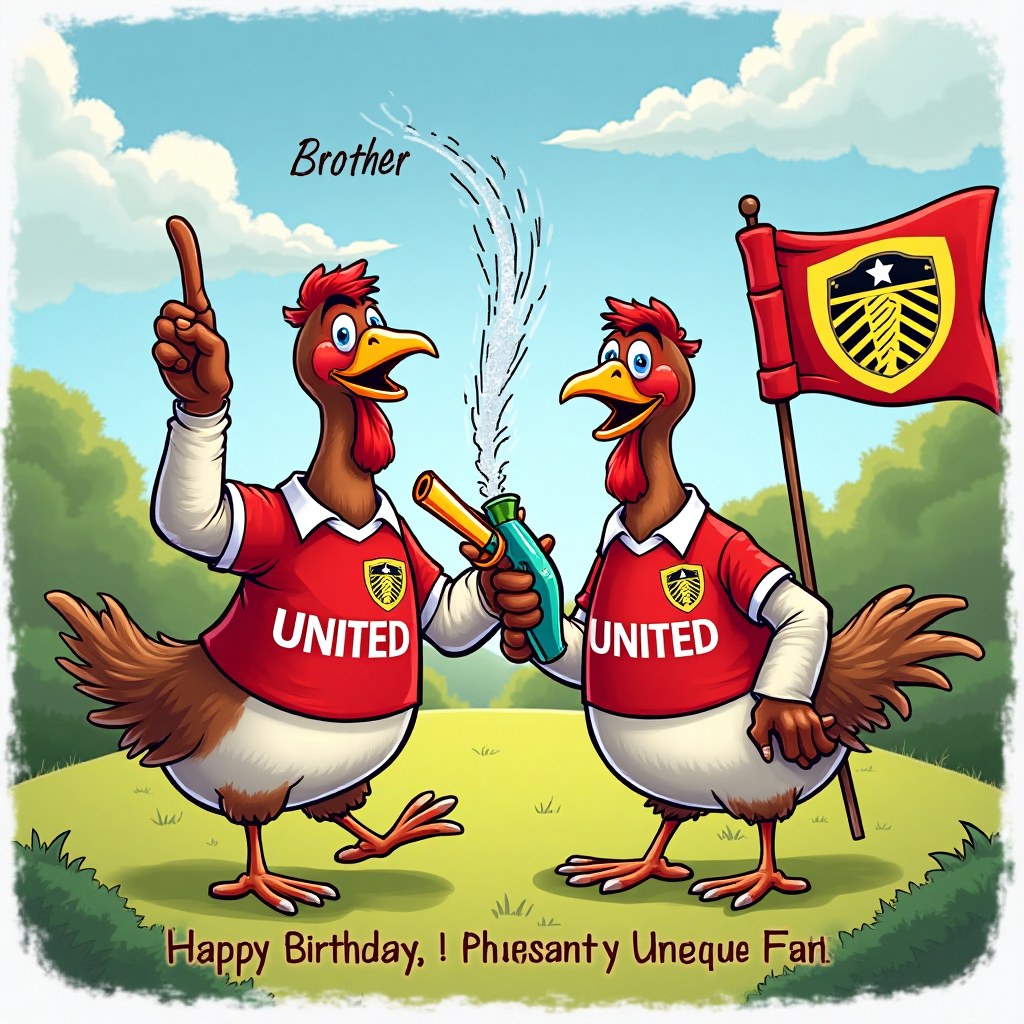 At the top of the Cartoon Style image, the text reads: **Brother**

**Image Description:**

Imagine a vibrant cartoon scene set in a whimsical countryside. In the foreground, two cheeky pheasants wearing oversized Leeds United jerseys are having a blast. One pheasant has a comically large foam finger pointing upwards, cheering enthusiastically, while the other holds a brightly colored water gun, shooting a playful jet of water into the air. 

In the background, there's a quirky, oversized banner displaying the Leeds United emblem, flapping in the cartoon wind. The entire scene is bathed in energetic, bright colors with exaggerated features: huge eyes on the pheasants, exaggerated feathers, and comical poses. 

Below the scene, a cheeky line of text reads: "Happy Birthday, You’re a Pheasant-ly Unique Fan!"
Generated with these themes: Pheasants guns Leeds united , and .
Made with ❤️ by AI.