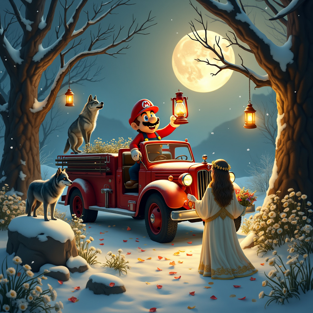 Old fire engine, Howling wolf, Full moon, White roses, Mario as fire fighter, Goddess , Snow, Lanterns, and Daffodils Anniversary Card