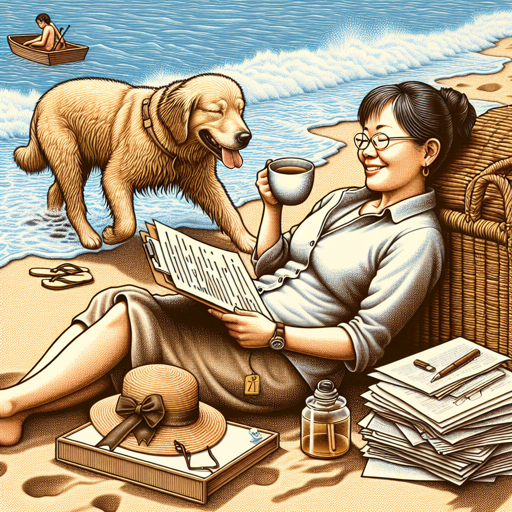 A detailed illustration of a relaxing beach scene. An Asian female teacher appears content as she lounges on the sandy shore, a stack of paperwork beside her signaling her industrious nature. Within her reach is a warm cup of tea, a symbol of a much deserved break. A playful golden retriever, characterized by its wet fur gleaming under the warm sunlight, frolics merrily in the nearby surf. This image serves as a visual representation of gratitude towards educators, emphasizing their moments of peaceful joy amidst a backdrop of constant hard work.
Generated with these themes: Teacher, Paperwork , Tea, Golden retriever dog, and Beach .
Made with ❤️ by AI.