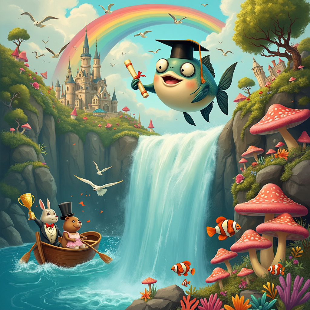 Imagine a vibrant, whimsical scene bursting with life and color. At the center of the illustration is a towering, majestic waterfall cascading into a crystalline, cerulean ocean. The waterfall, reminiscent of a flowing sheet of sparkling diamonds, tumbles down from a cliff adorned with lush, verdant foliage. The cliff is dotted with quirky, oversized mushrooms and trees with fantastical twisted branches, a nod to Beatrix Potter and Maurice Sendak.

In the foreground, there's a joyful, anthropomorphic fish, styled in a manner inspired by Quentin Blake, wearing a tiny graduation cap and holding a diploma in its fin. The fish leaps triumphantly from the water, mid-splash, with droplets shimmering like stars around it. Surrounding the fish, a variety of colorful sea creatures - including a grinning octopus with a monocle and a bow tie, and a school of playful, striped clownfish - cheer in celebration, waving tiny flags and banners that read "Congratulations!"

To the left, an elegant, old-fashioned rowboat, reminiscent of something out of an N.C. Wyeth painting, is perched precariously on the edge of the waterfall. Inside the boat, a beaver in a suit and top hat (echoing Edward Gorey's quirky characters) rows valiantly, his expression a mix of determination and pride. Next to him, a rabbit in a frilly dress, taking cues from Arthur Rackham's detailed illustrations, holds up a golden trophy, beaming with pride.

Behind the waterfall, through the translucent veil of water, one can see a whimsical underwater castle with turrets made of seashells and coral, reminiscent of Maxfield Parrish's dreamy landscapes. Tiny, intricate details, inspired by Aubrey Beardsley, adorn the castle, making it a feast for the eyes.

Above the scene, a vibrant rainbow arches across the sky, with a flock of seagulls and a few fantastical creatures (like a winged turtle) flying joyously around it. The sky is a brilliant mix of oranges, pinks, and purples, capturing the magical essence of Gustave Doré’s ethereal landscapes.

The whole scene is an explosion of color, whimsy, and intricate details, each element telling a part of the celebratory story, and all coming together to create a truly unique and unforgettable congratulatory greeting card.
Generated with these themes: Swimming ocean waterfalls.
Made with ❤️ by AI.