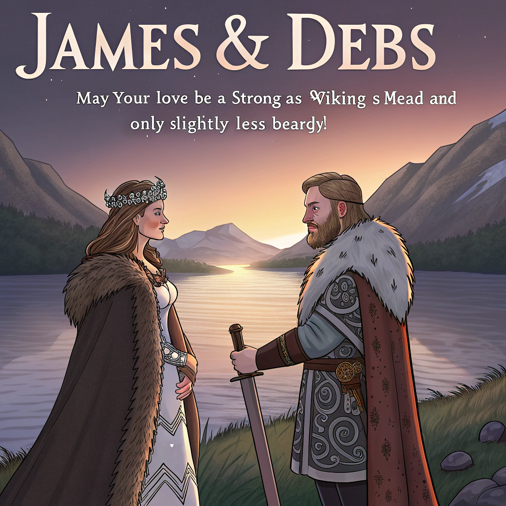 At the top of the image, "James & Debs—May your love be as strong as a Viking’s mead and only slightly less beardy!"

- Create a solemn yet epic illustration of a traditional Viking wedding scene set at dusk beside a fjord.  
- In the foreground, depict James and Debs in ceremonial Viking attire—he wears a fur-trimmed tunic with ornate arm rings, and she dons an embroidered cloak and silver headdress. They stand solemnly with their hands bound in red cloth in the tradition of a handfasting ceremony.  
- A longship with carved dragon heads drifts serenely in the background waters, sails gently catching the twilight wind.  
- Stone altars and flickering torches line the shore, with stoic Viking guests watching, their expressions reverent and fierce.  
- Runes carved into stone nearby glow faintly, as if giving an ancient blessing to their union.  
- A few mischievous ravens perch nearby, one of them holding a flower crown in its beak for comedic contrast.
Generated with these themes: Viking wedding.
Made with ❤️ by AI.