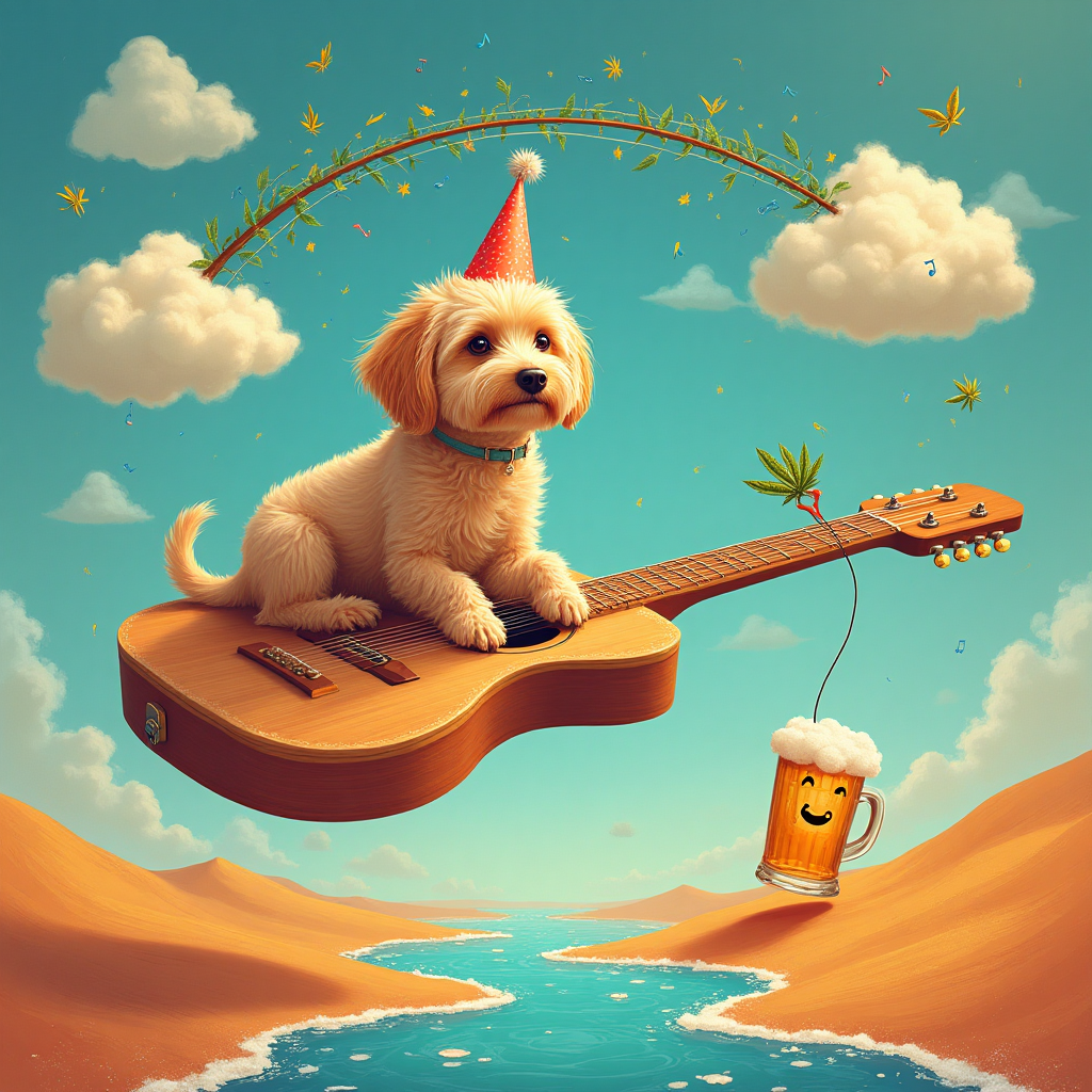 Guitar, pet cockapoo dog, fishing, marijuana, beer, and Birthday Card
